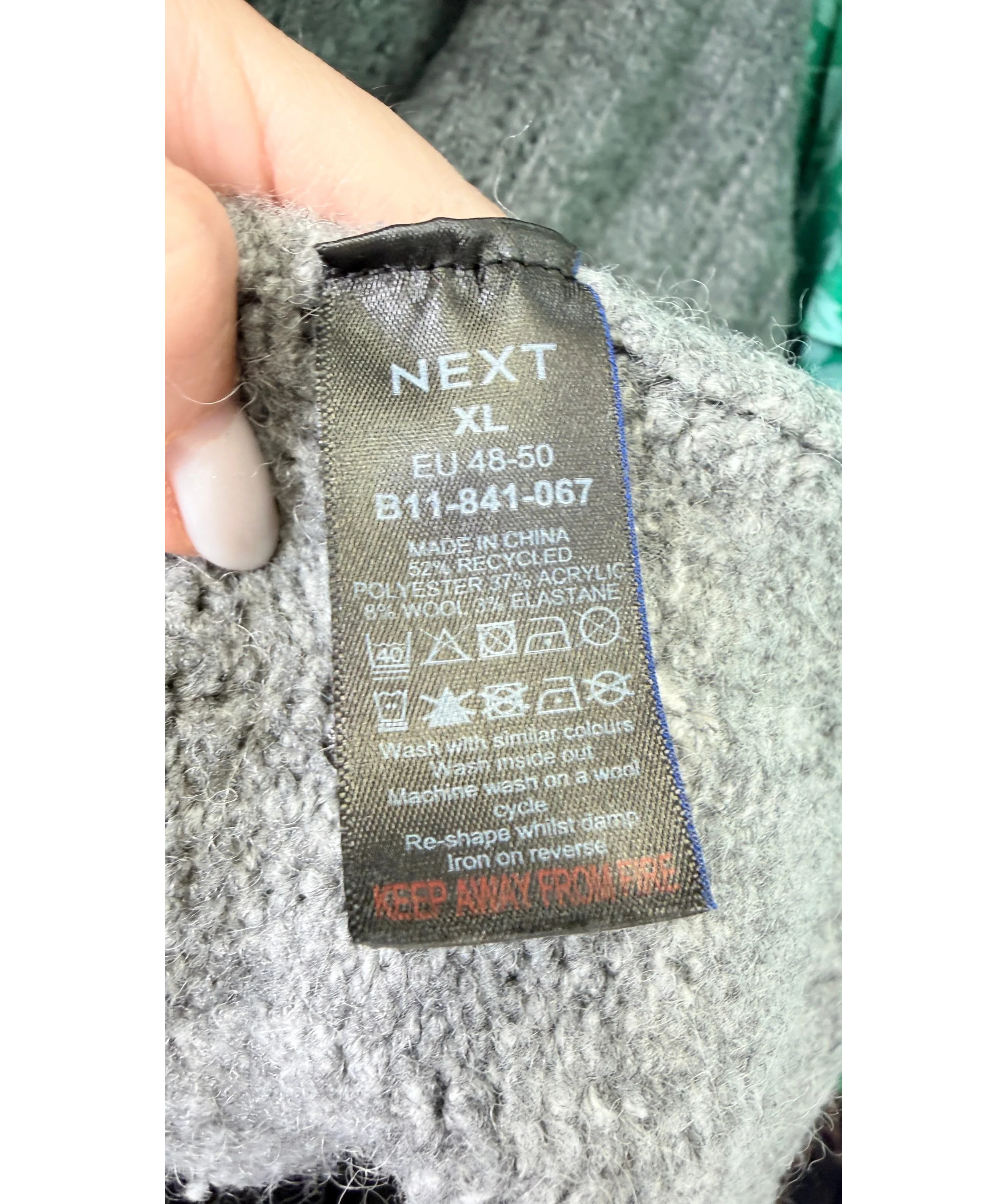 Next Grey Grey Ribbed Wide Collar WOOL BLEND Knit Jumper, size UK XL — label