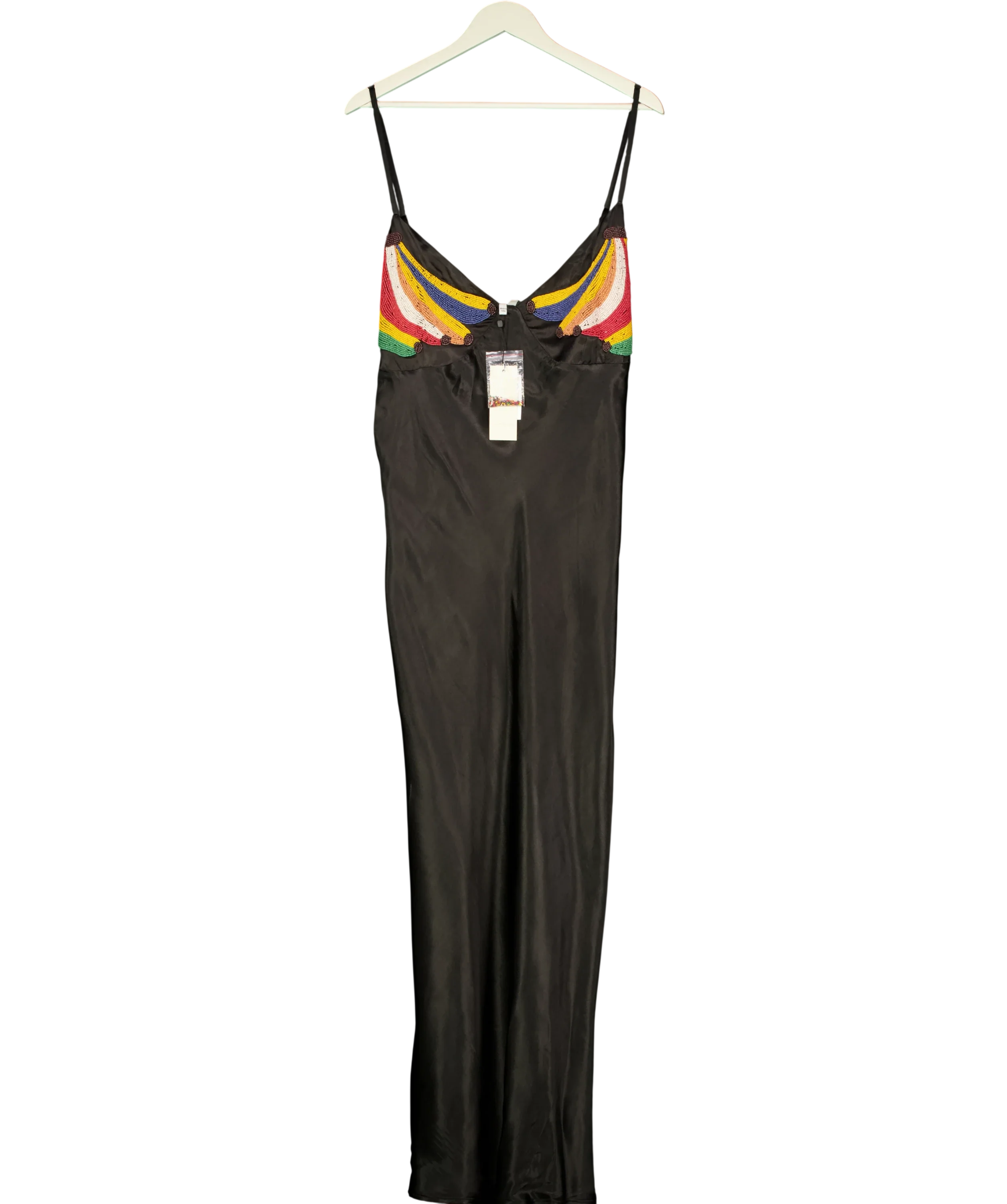 Never Fully Dressed Black BLACK SATIN Banana Slip Dress, size UK 22 — front