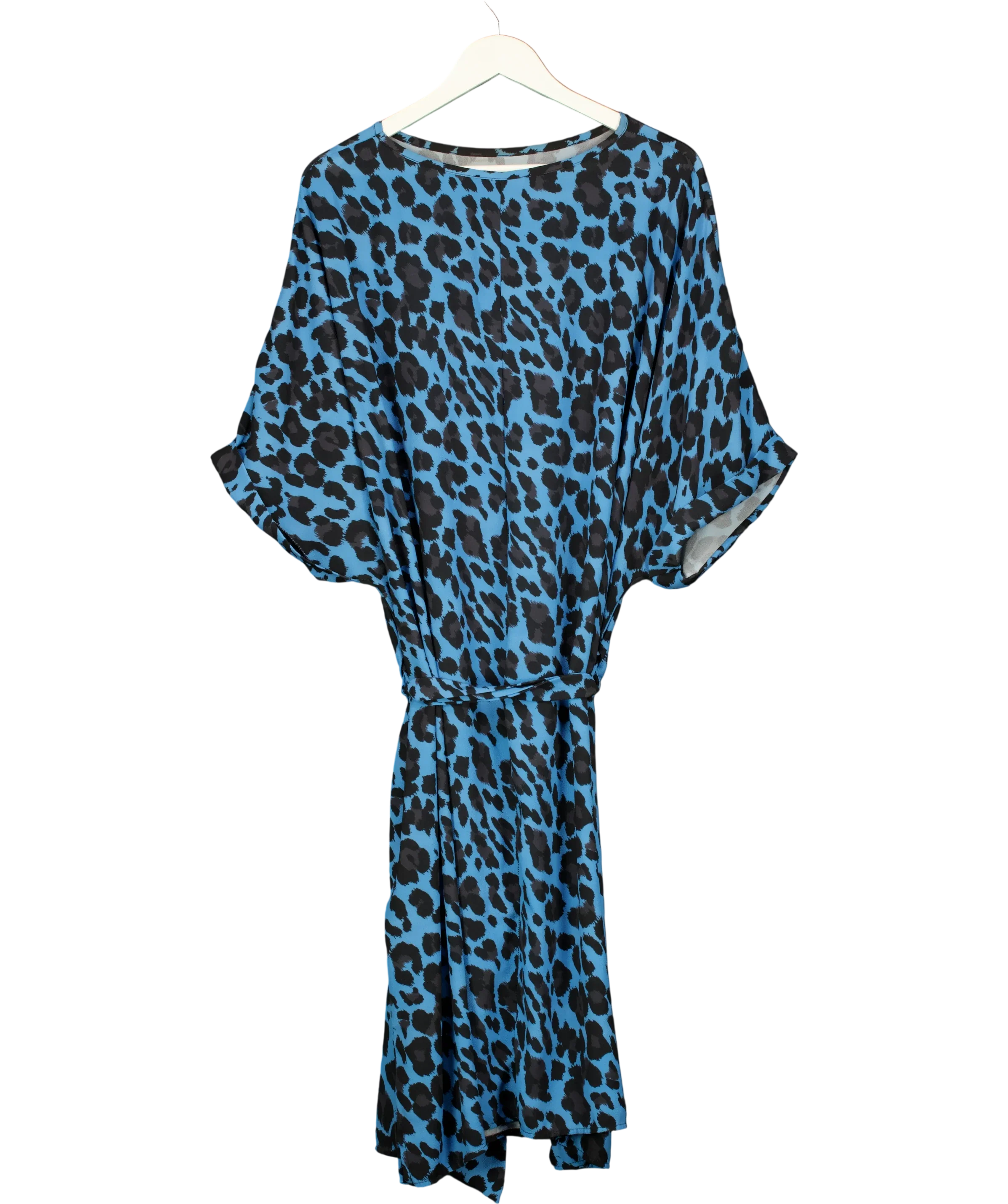 capsule Blue Blue Leopard Print Belted Shift Dress, size UK 32 — back