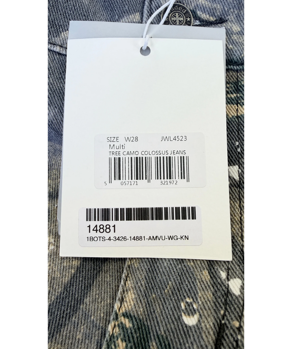 Jaded London Grey Tree Camo Colossus Jeans, size W28 — label