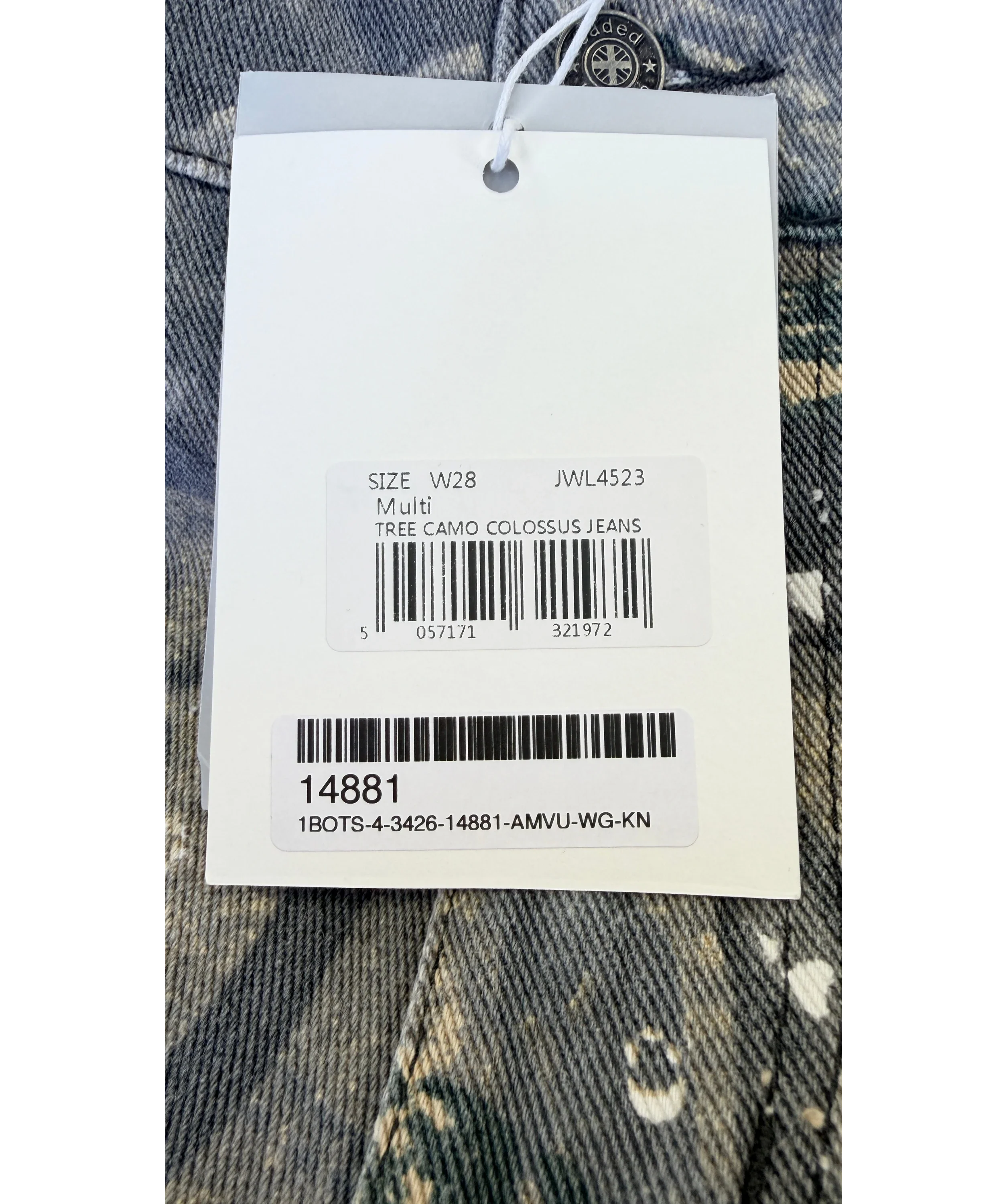 Jaded London Grey Tree Camo Colossus Jeans, size W28 — label
