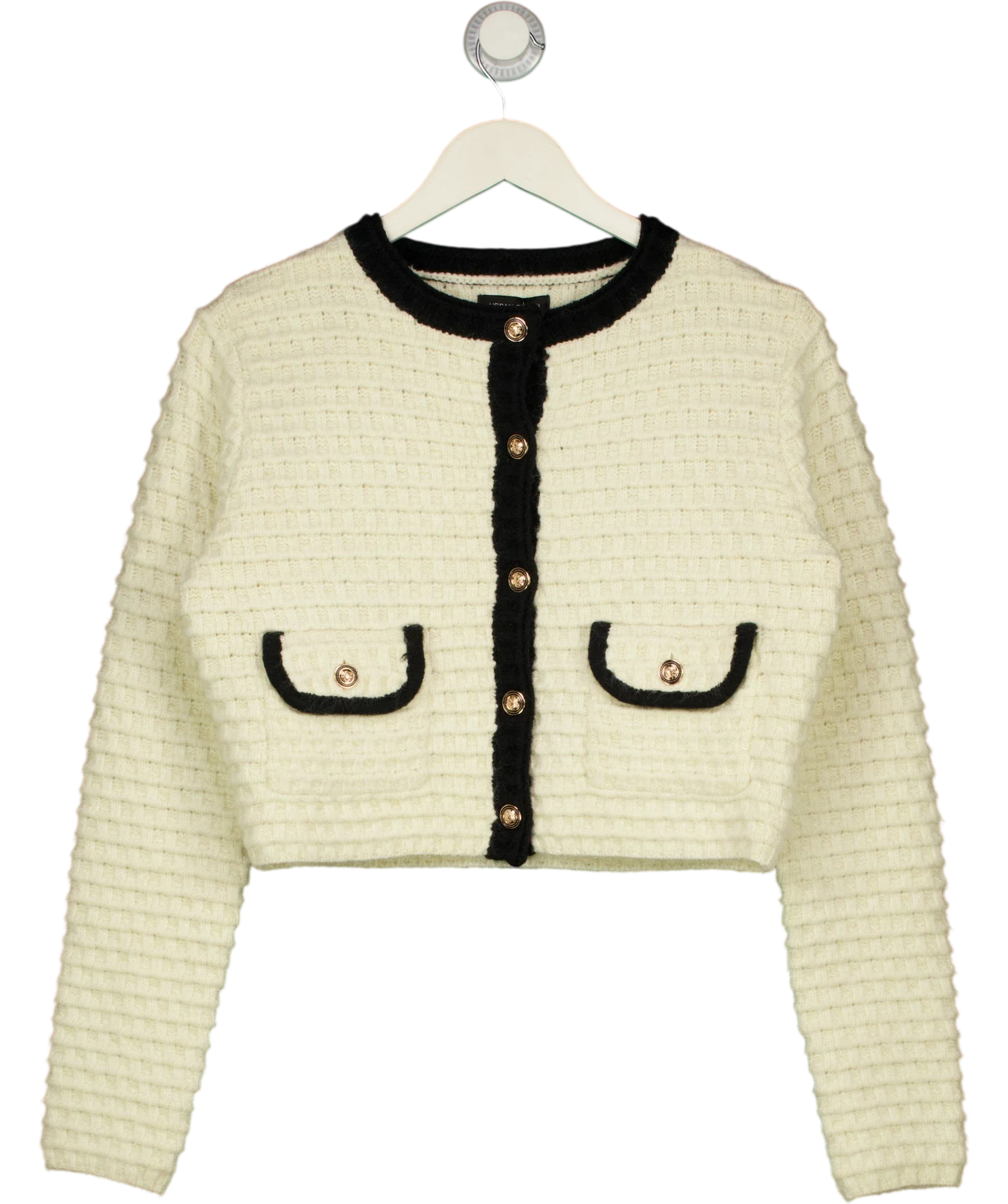 URBAN REVIVIO Cream CREAM  / Black Knit Shimmer Cardigan, size UK 10 — front