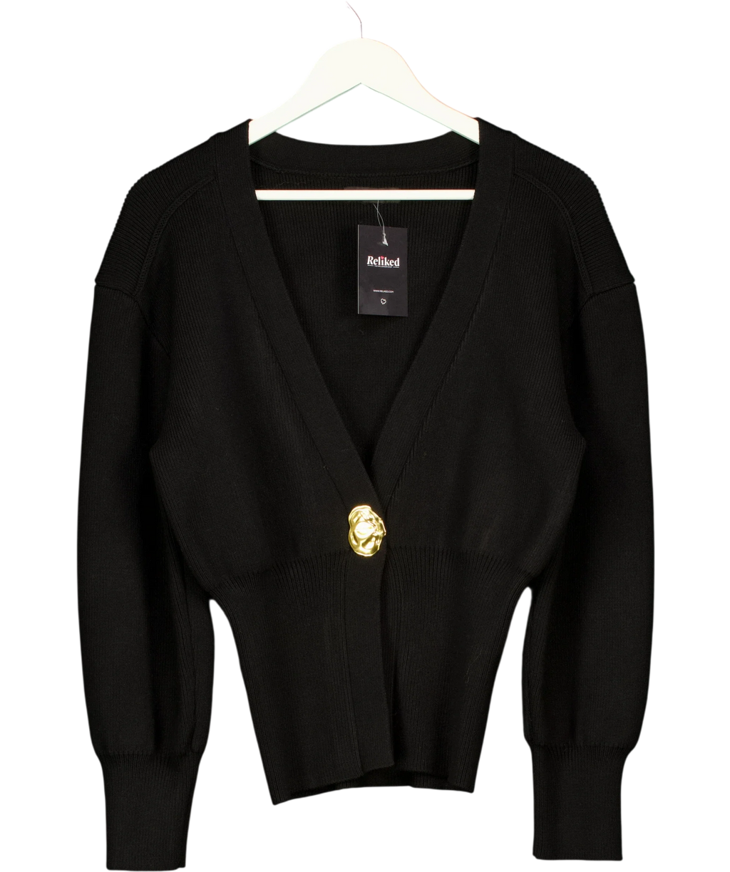 Urban Revivo Black Black One Leaf Button V-Neck Cardigan, size UK S — front