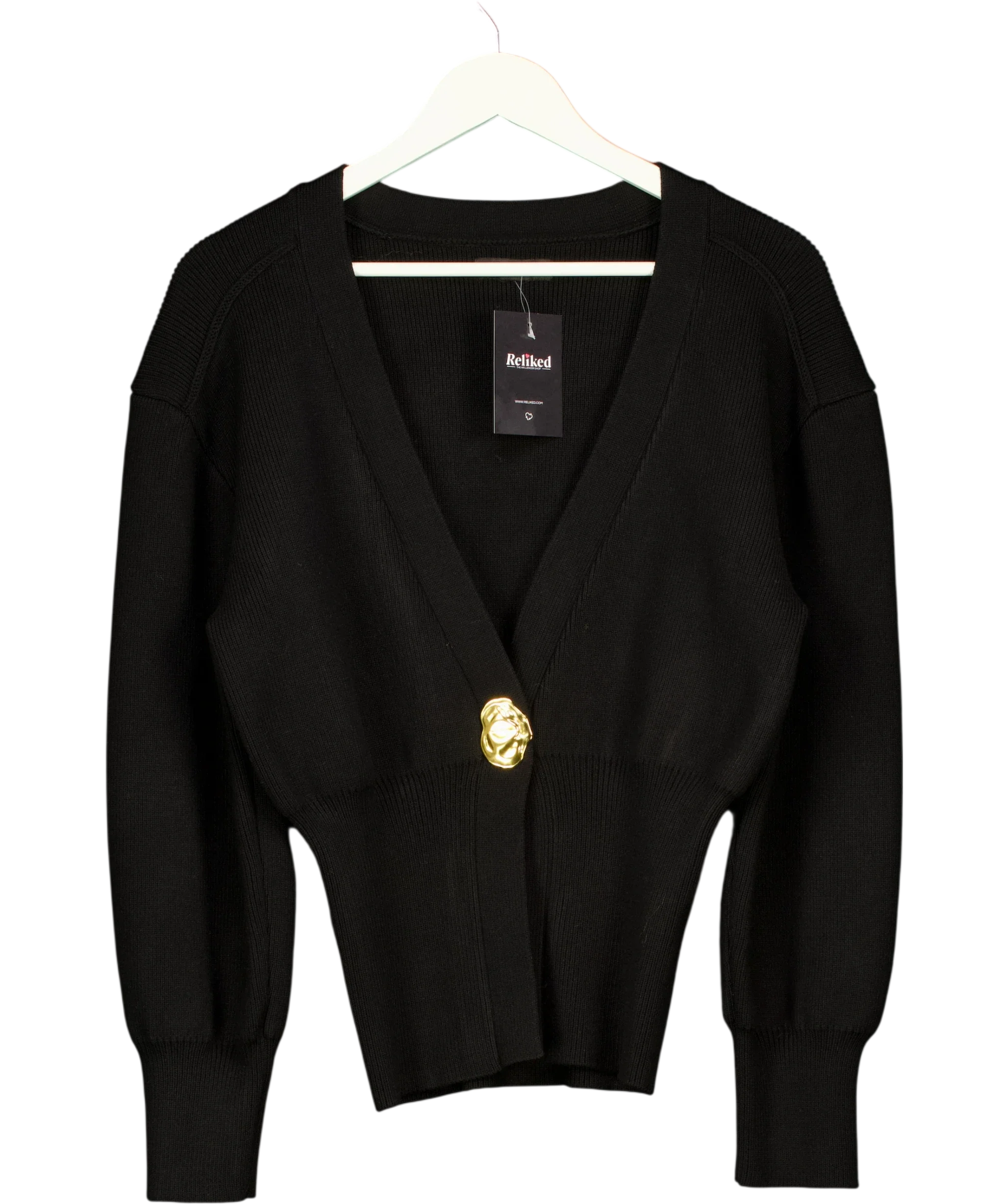 Urban Revivo Black Black One Leaf Button V-Neck Cardigan, size UK S — front