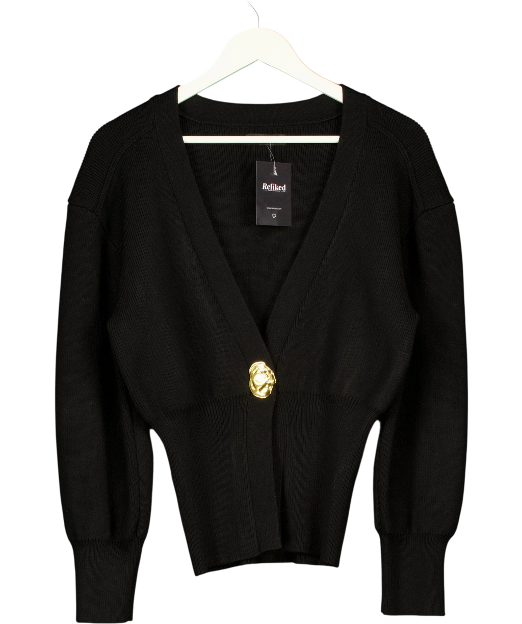 Urban Revivo Black Black One Leaf Button V-Neck Cardigan, size UK S — front