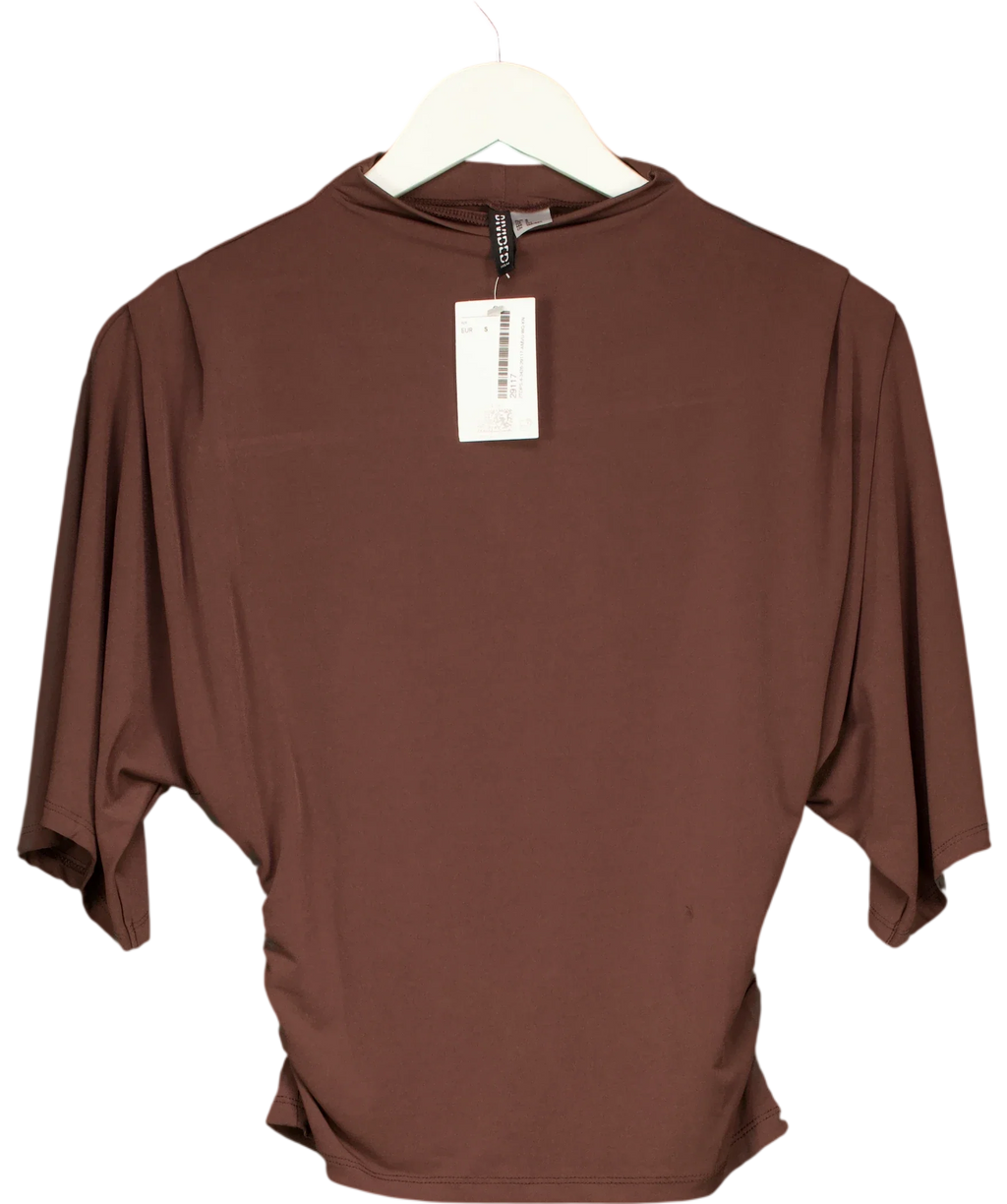 H&M Brown BROWN HIGH NECK DRAPE SIDE TOP, size UK S — front