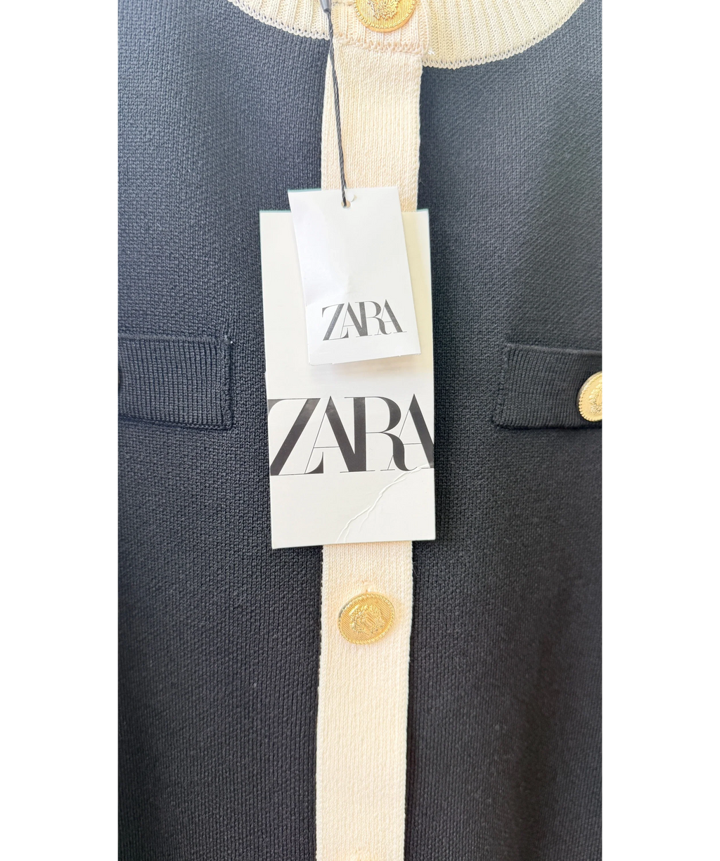 ZARA Black Contrast Trim Golden Button Knit Cardigan, size UK M — detail