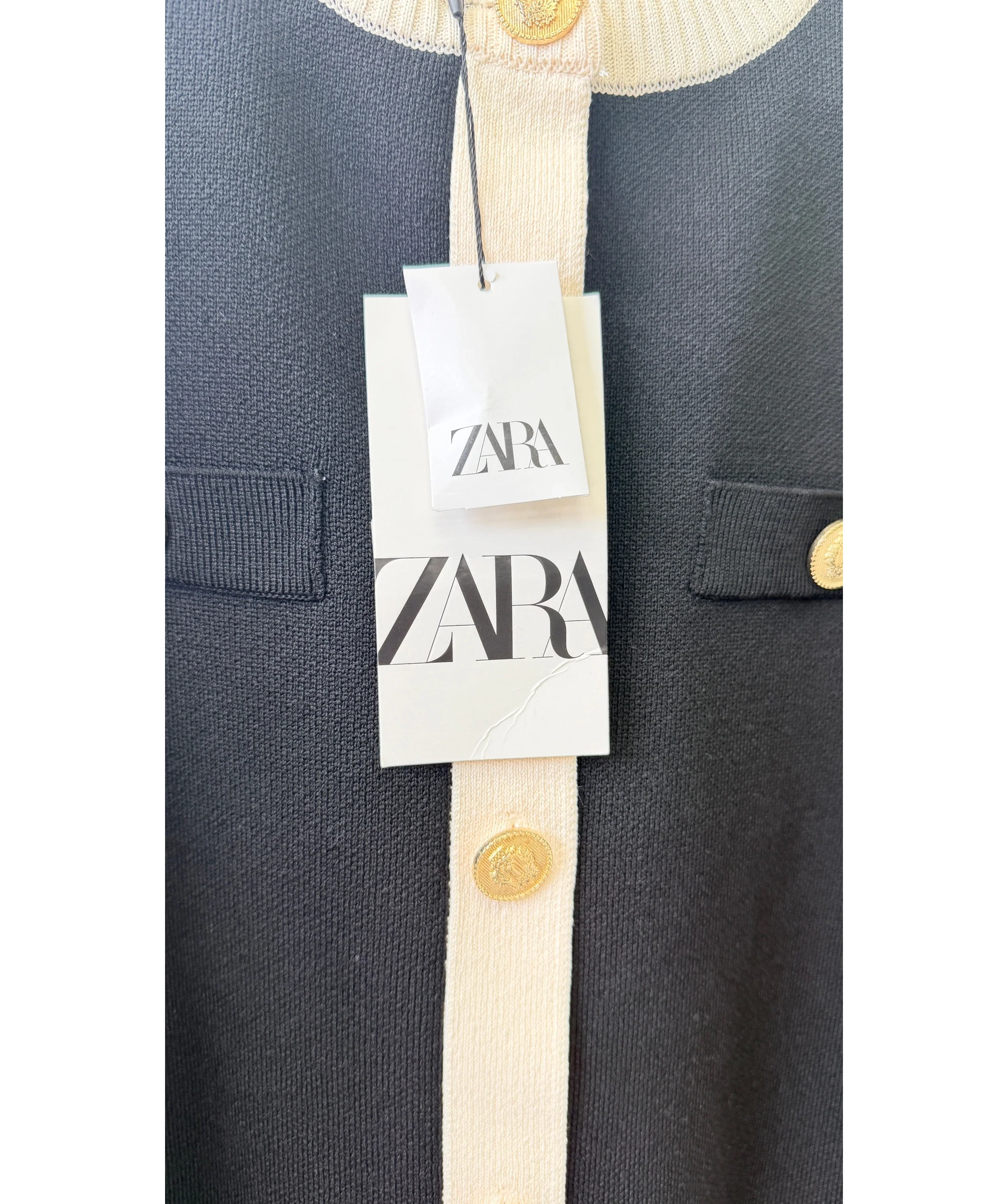 ZARA Black Contrast Trim Golden Button Knit Cardigan, size UK M — detail