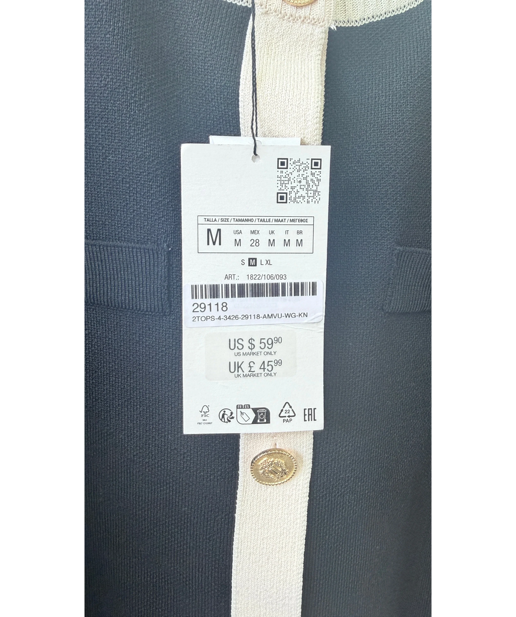ZARA Black Contrast Trim Golden Button Knit Cardigan, size UK M — label