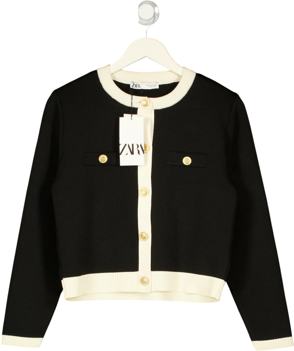 ZARA Black Contrast Trim Golden Button Knit Cardigan, size UK M — front