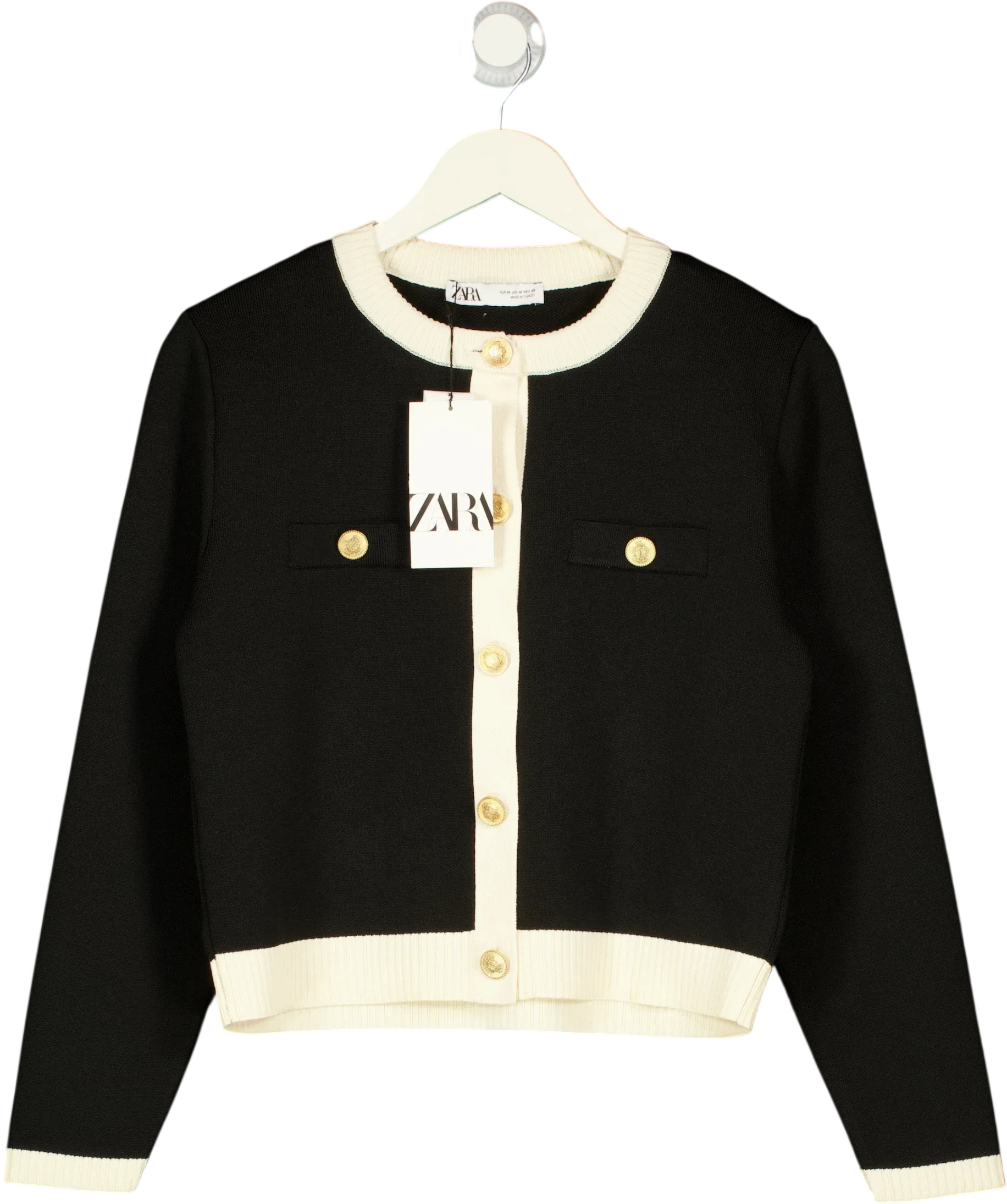 ZARA Black Contrast Trim Golden Button Knit Cardigan, size UK M — front