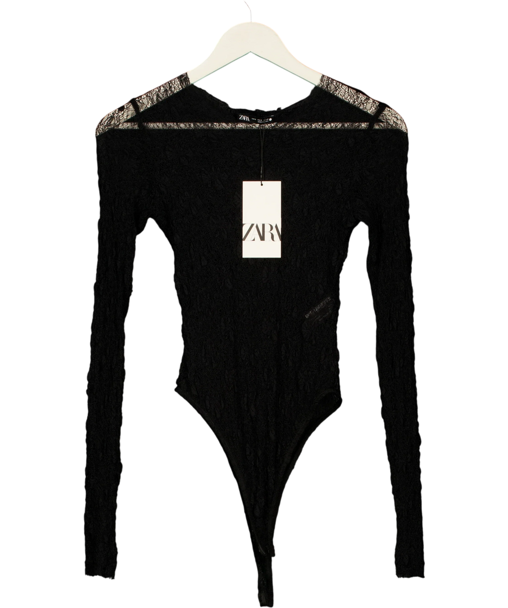 ZARA Black Semi-Sheer Lace Bodysuit Black, size UK S — front
