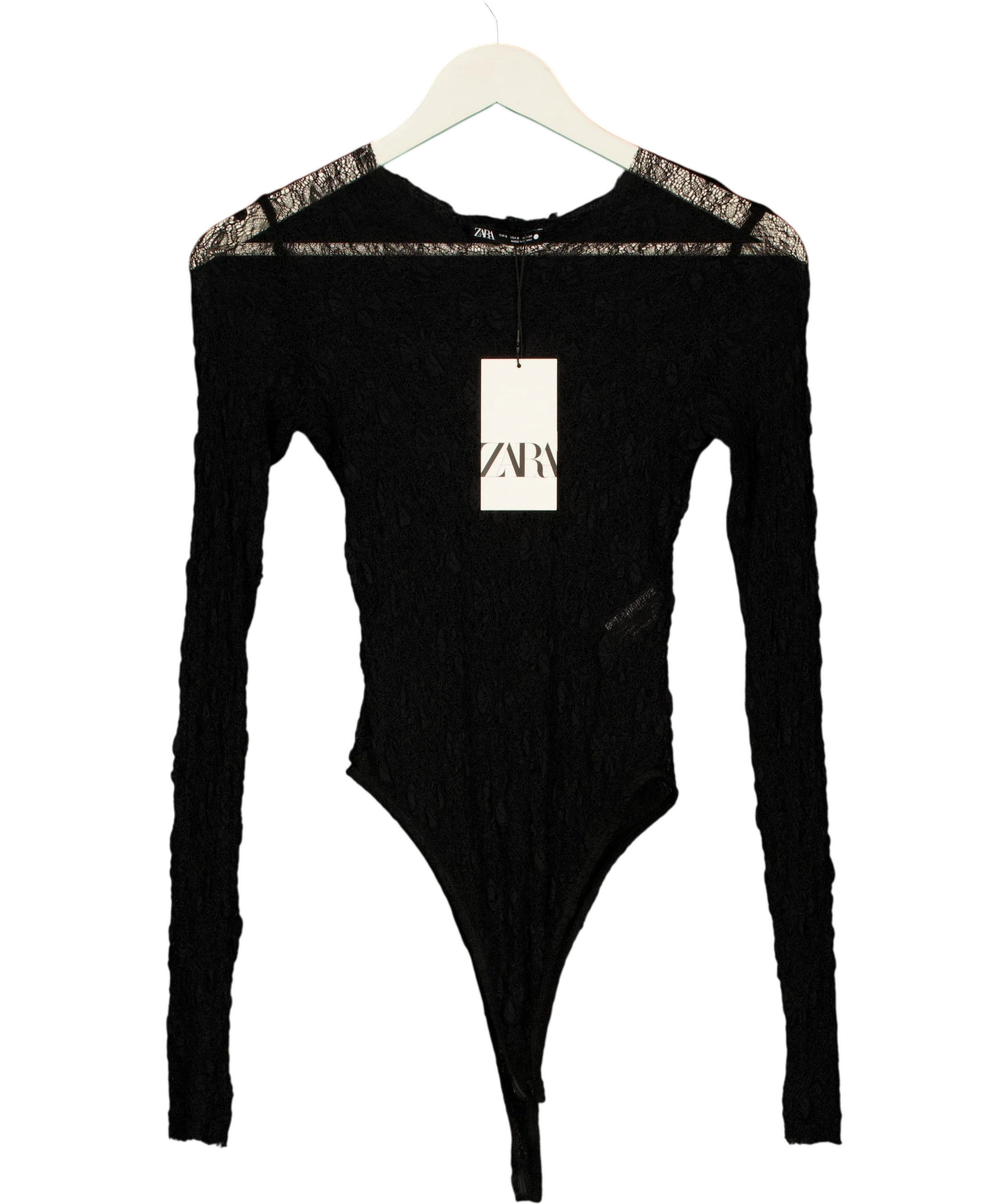 ZARA Black Semi-Sheer Lace Bodysuit Black, size UK S — front
