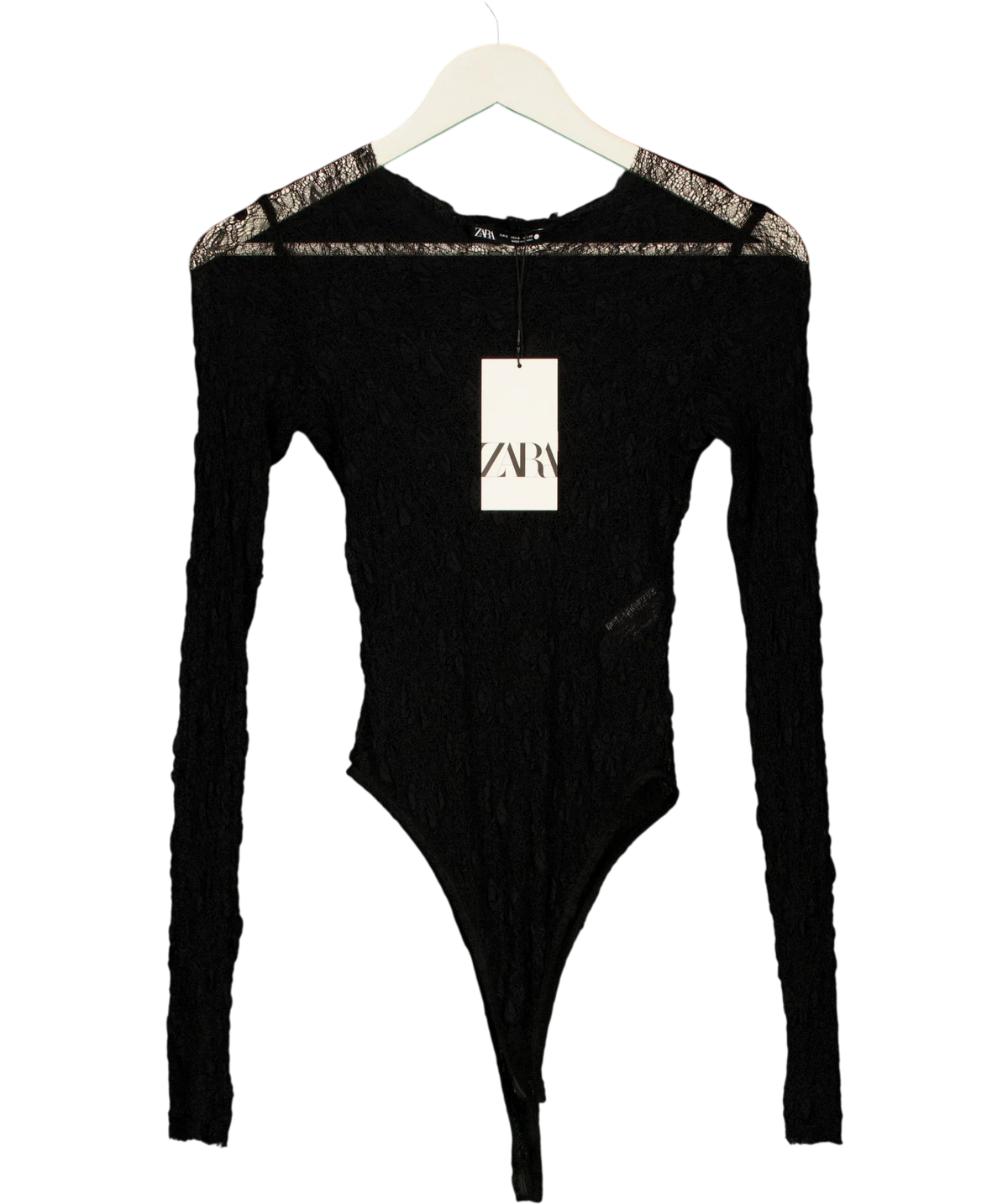 ZARA Black Semi-Sheer Lace Bodysuit Black, size UK S — front