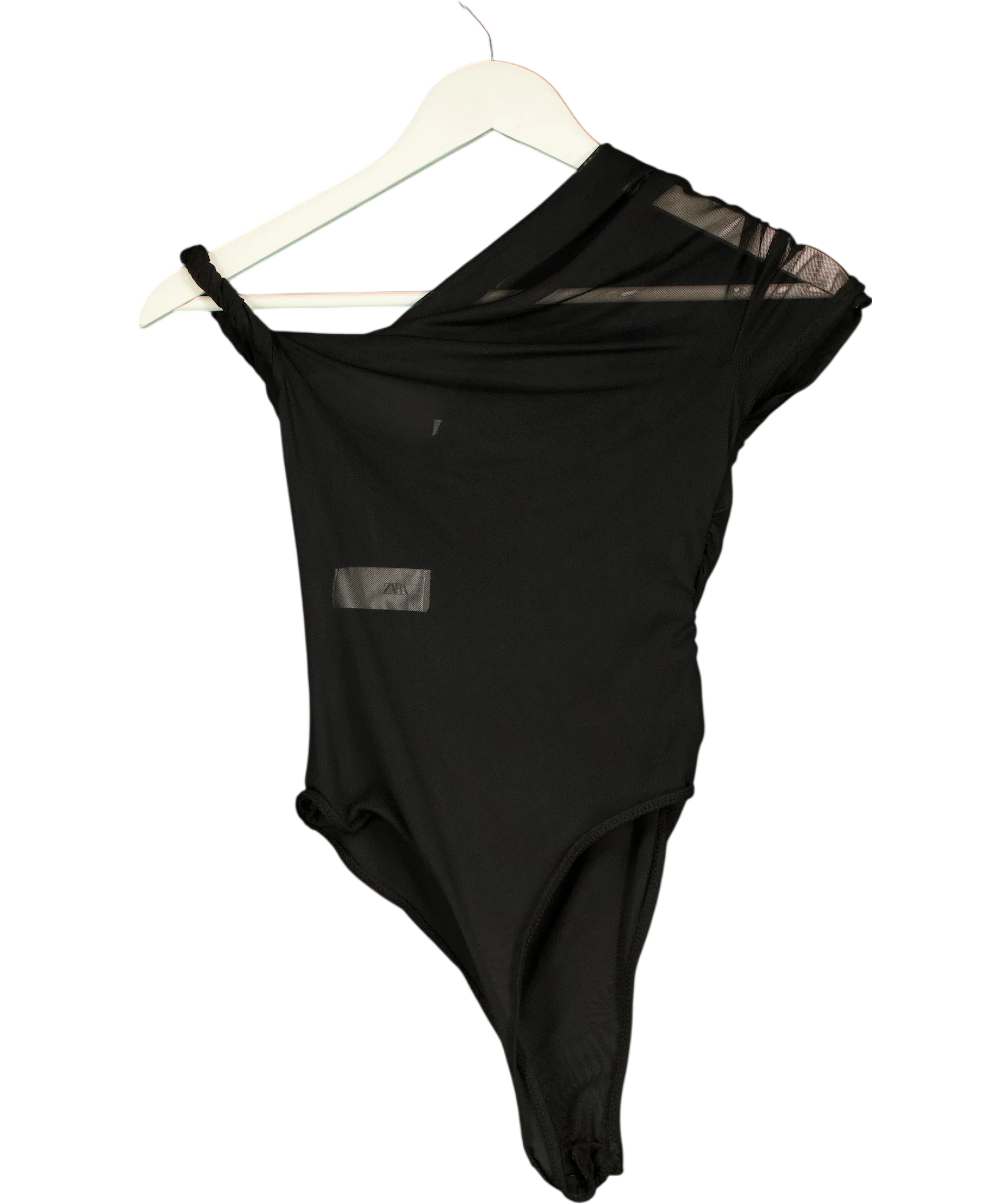 ZARA Black Knotted Asymmetric Tulle Bodysuit Black, size UK S — back