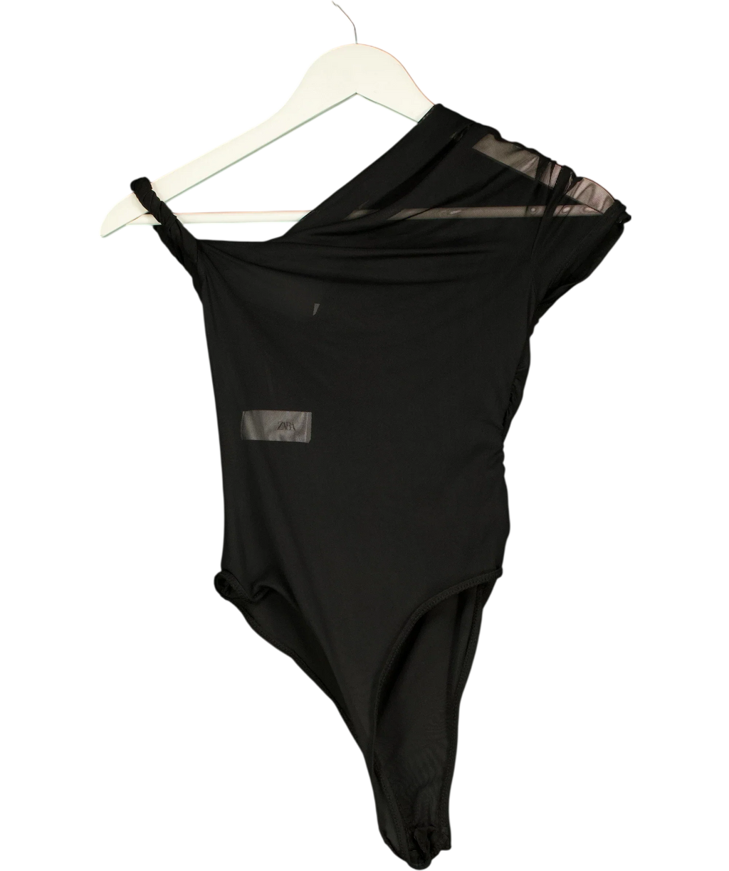 ZARA Black Knotted Asymmetric Tulle Bodysuit Black, size UK S — back