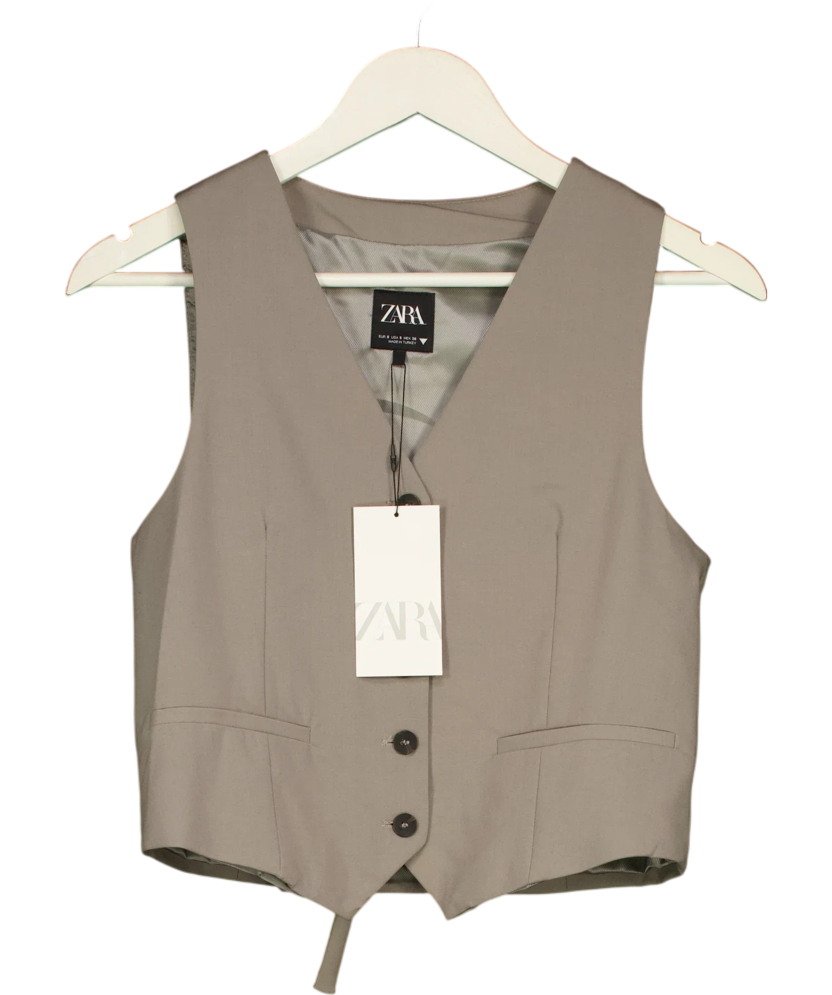 ZARA Grey Taupe Grey Tailored Cropped Waistcoat Vest, size UK S — front