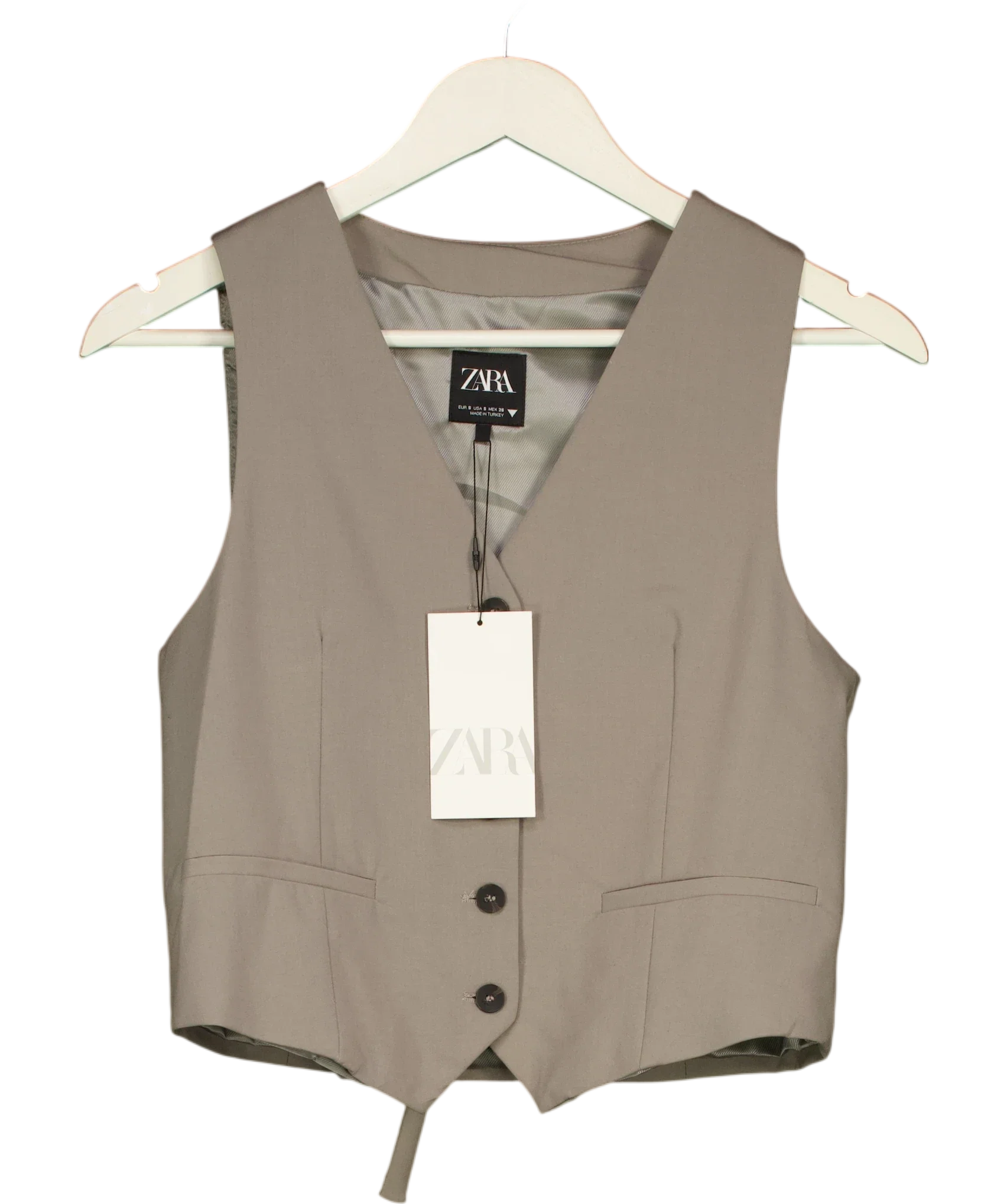ZARA Grey Taupe Grey Tailored Cropped Waistcoat Vest, size UK S — front
