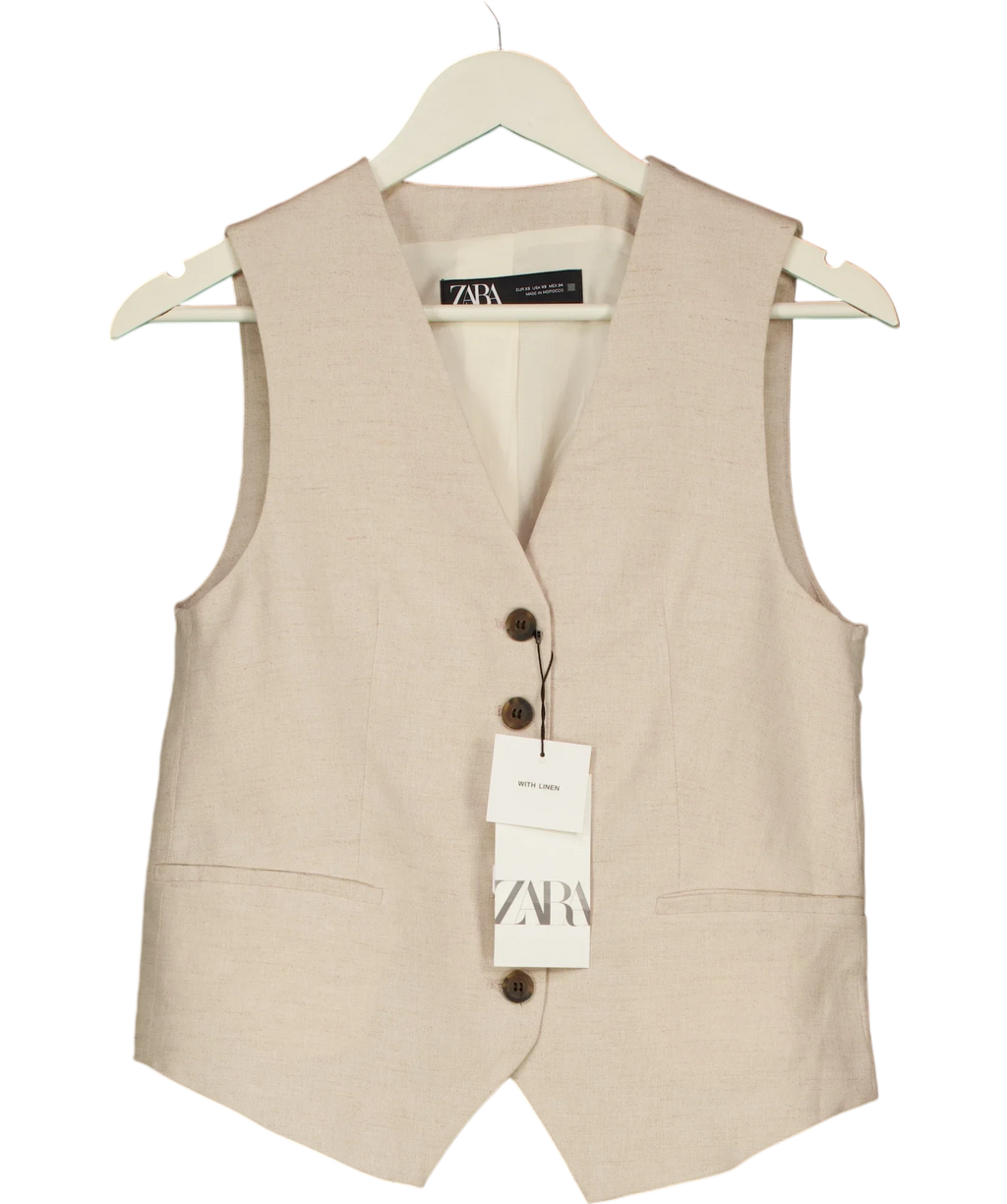 ZARA Cream Tailored Linen Blend Light Beige Waistcoat Vest, size UK XS — front