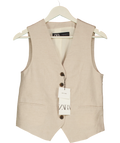 ZARA Cream Tailored Linen Blend Light Beige Waistcoat Vest, size UK XS — front
