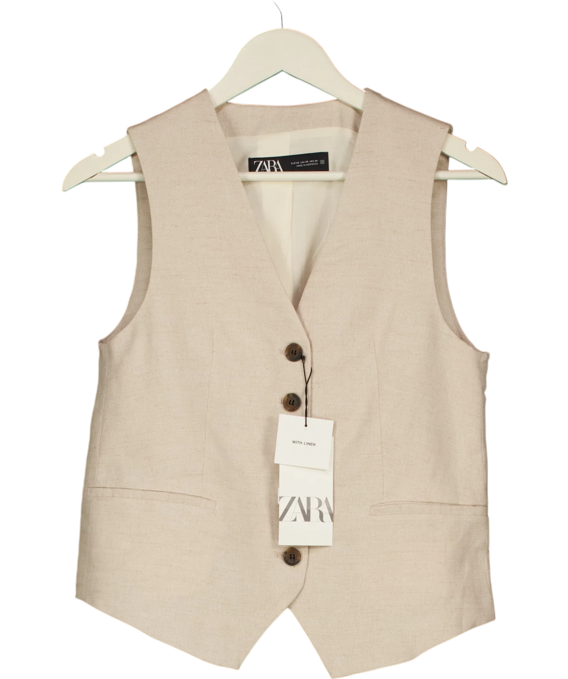 ZARA Cream Tailored Linen Blend Light Beige Waistcoat Vest, size UK XS — front