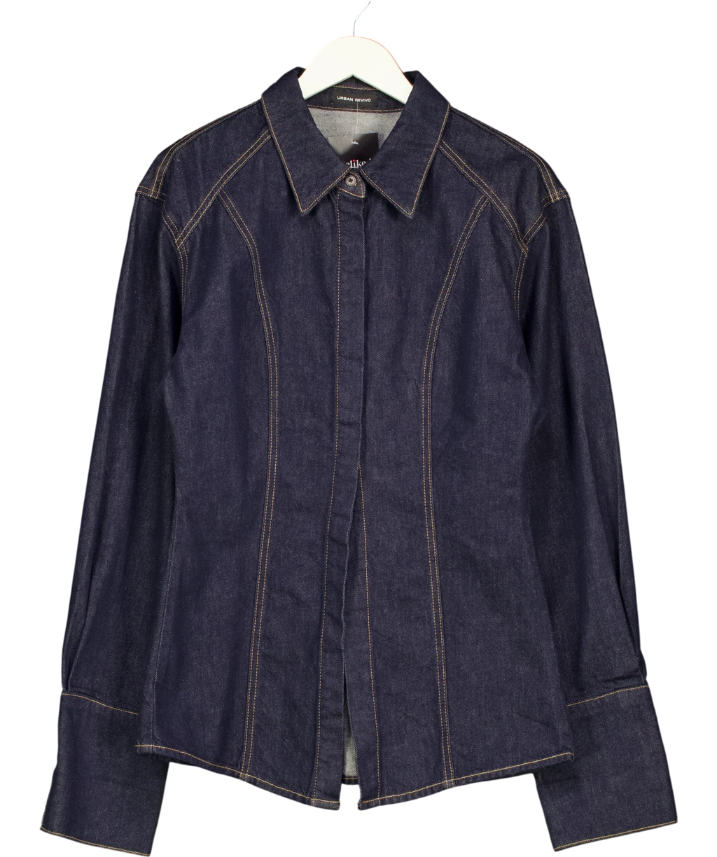 Urban Revivo Blue Indigo BLUE Denim Fitted Long Sleeve Shirt (, size UK M — front