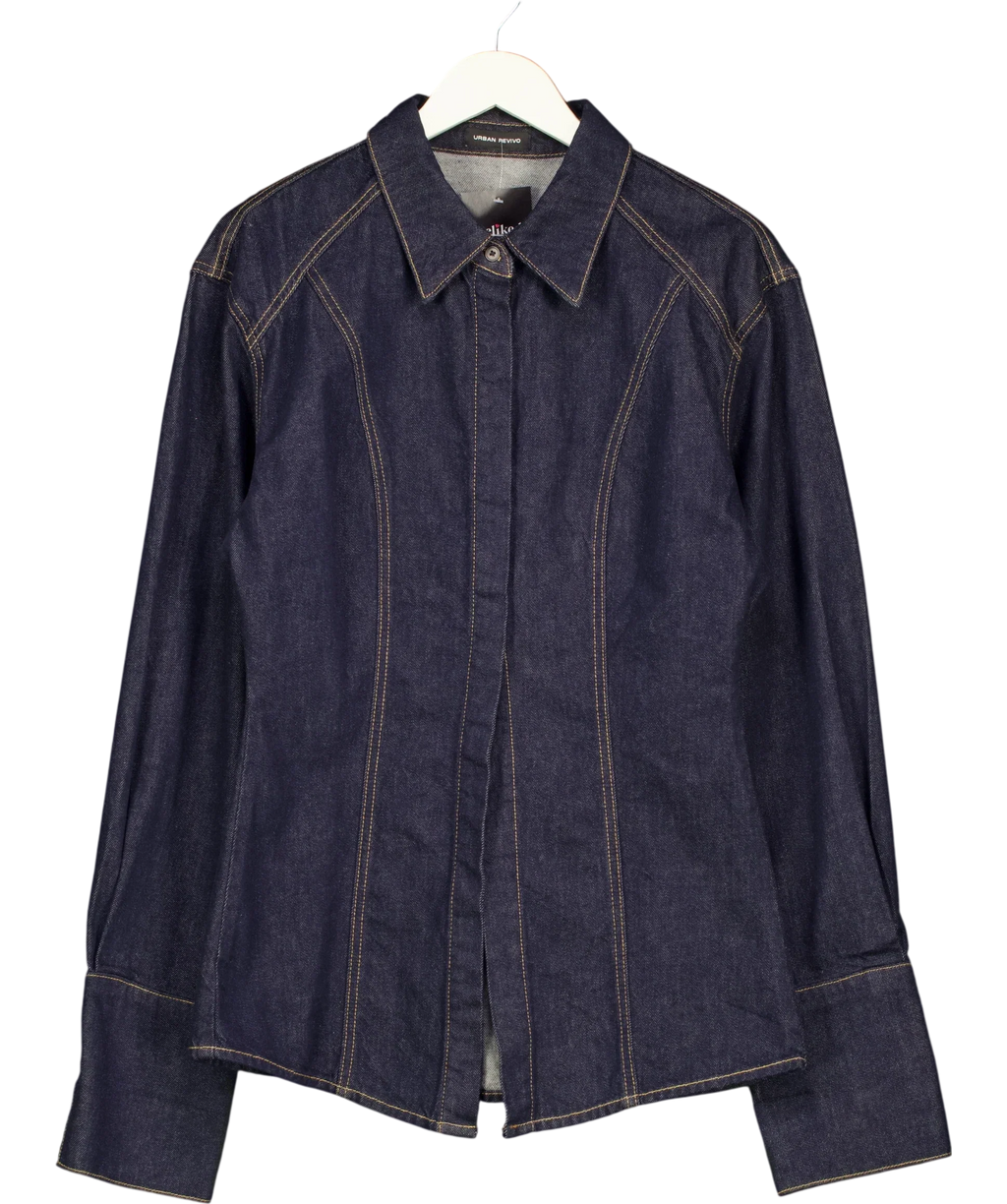 Urban Revivo Blue Indigo BLUE Denim Fitted Long Sleeve Shirt (, size UK M — front