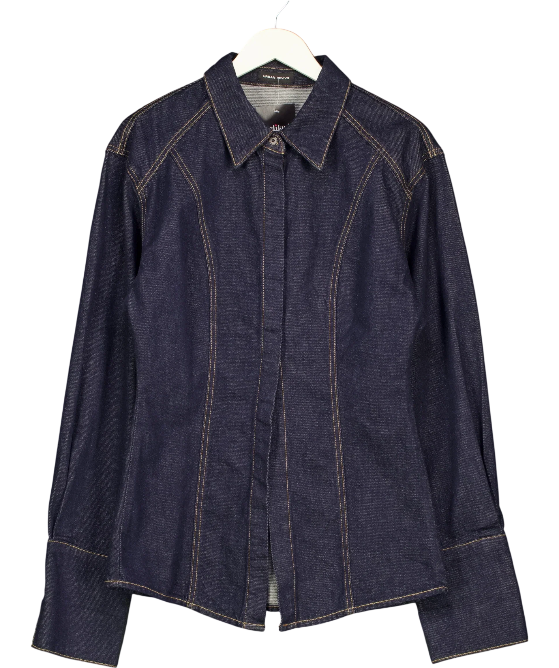 Urban Revivo Blue Indigo BLUE Denim Fitted Long Sleeve Shirt (, size UK M — front