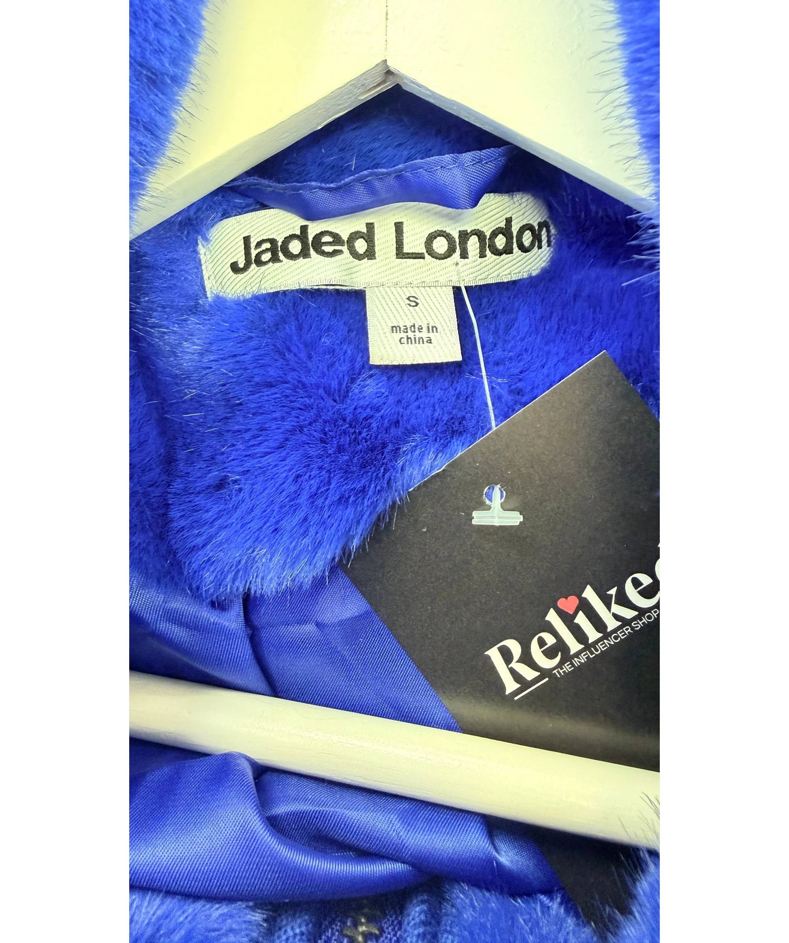 Jaded London Blue Challenger Blue Faux Fur Coat, size UK S — detail