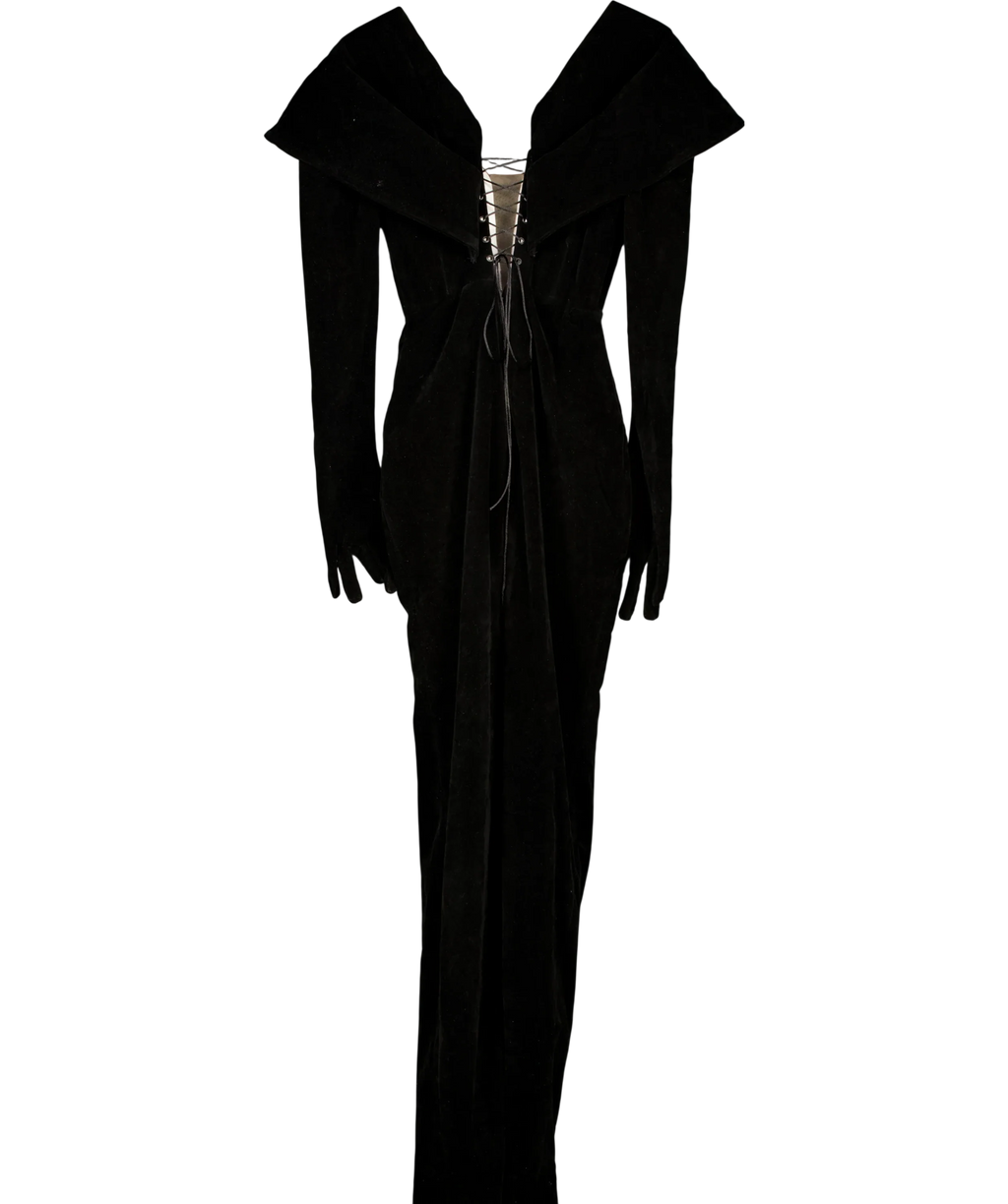 Dodona Avdiu Black Montague Off The Shoulder Hourglass Velvet Gown Black, size UK S — back