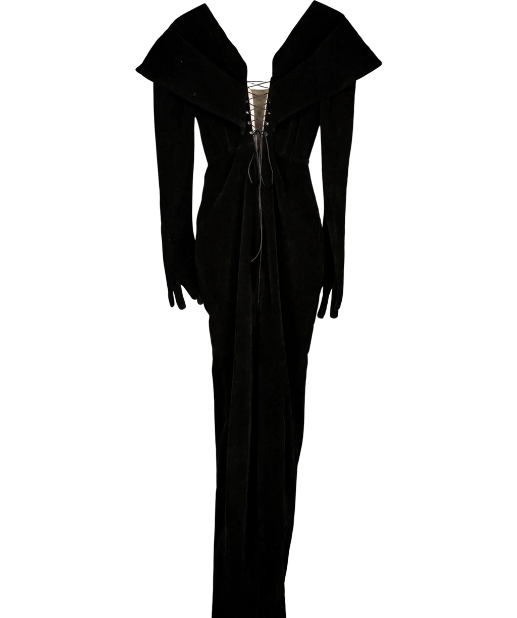 Dodona Avdiu Black Montague Off The Shoulder Hourglass Velvet Gown Black, size UK S — back