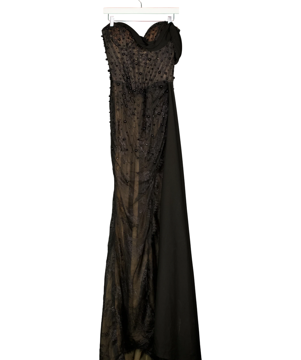 Dodona Avdiu Black one shoulder beaded lace corset top gown, size UK S — front