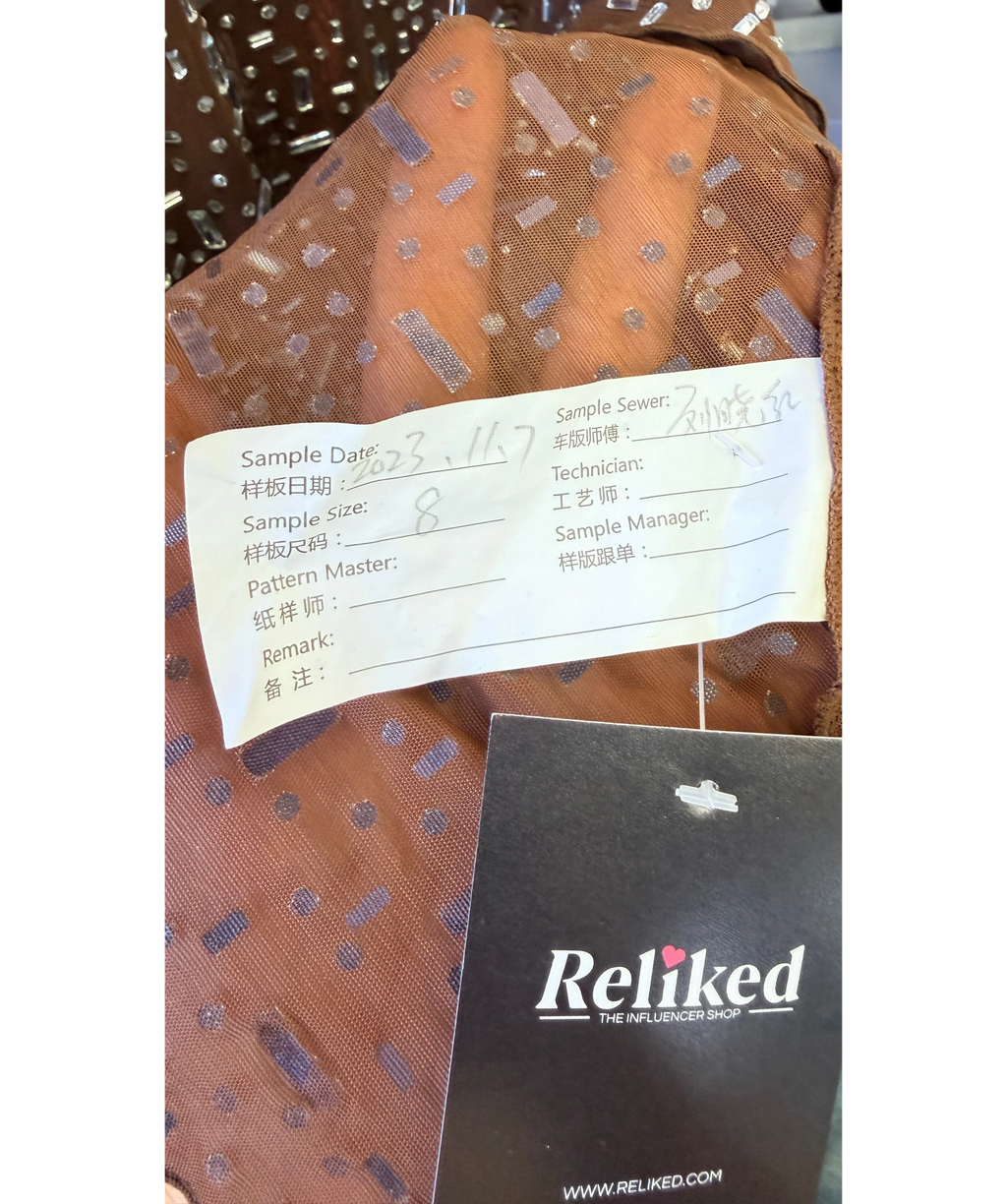 Unbranded Brown Sheer Embellished Scoop Neck Mini Dress, size UK 8 — label