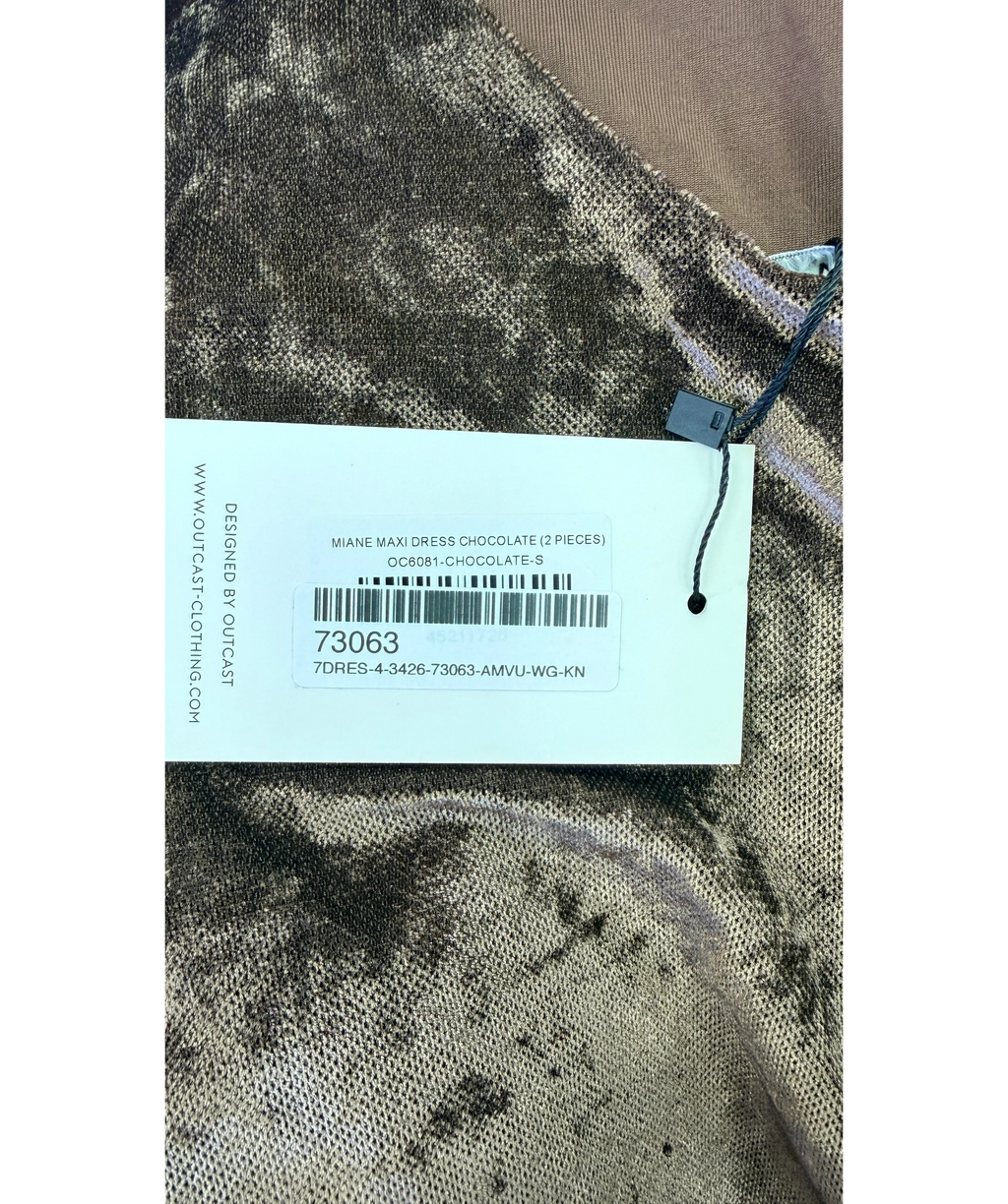 Outcast Brown Miane 2-Piece VELVET Maxi Dress Chocolate, size UK S — label