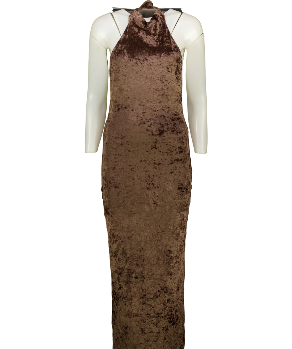 Outcast Brown Miane 2-Piece VELVET Maxi Dress Chocolate, size UK S — front