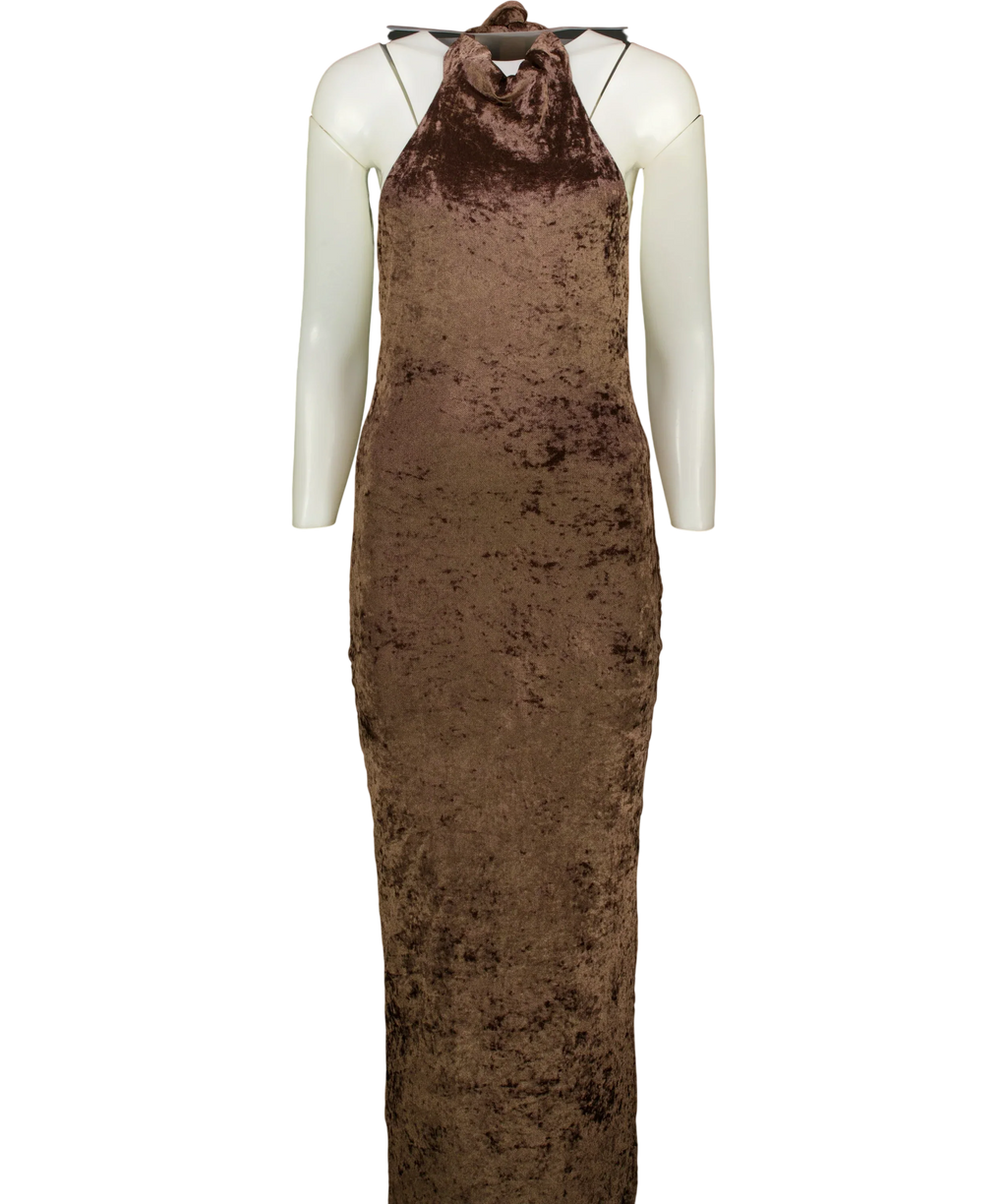 Outcast Brown Miane 2-Piece VELVET Maxi Dress Chocolate, size UK S — front