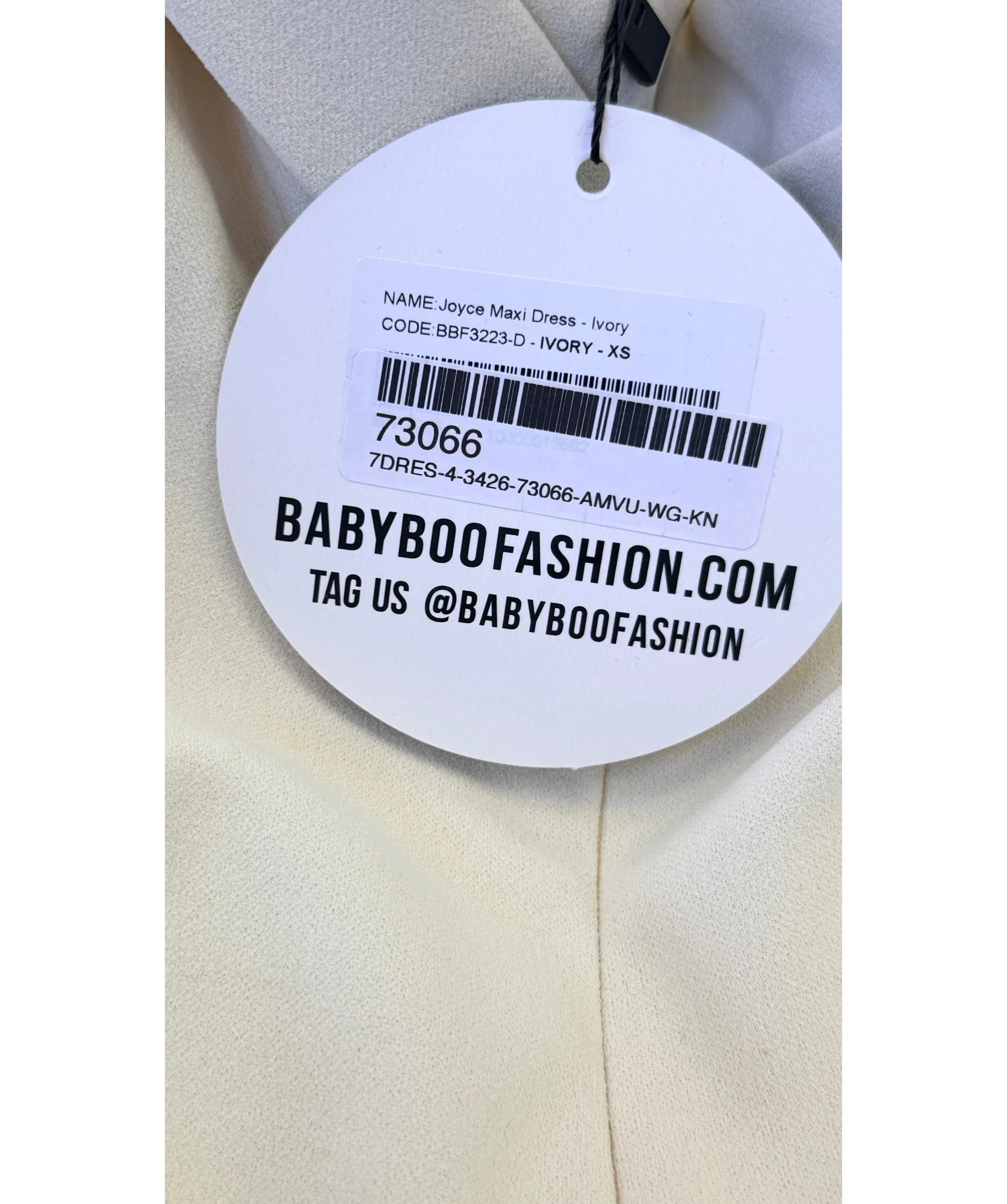 Babyboo Cream Joyce Bardot Maxi Dress Ivory, size UK XS — label