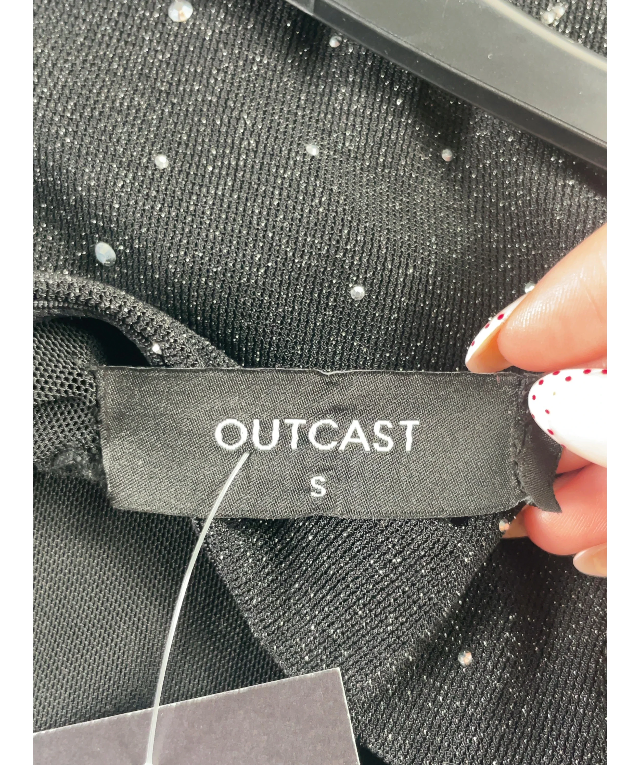 Outcast Black Two-Tone Rhinestone and Satin Maxi Dress, size UK S — detail