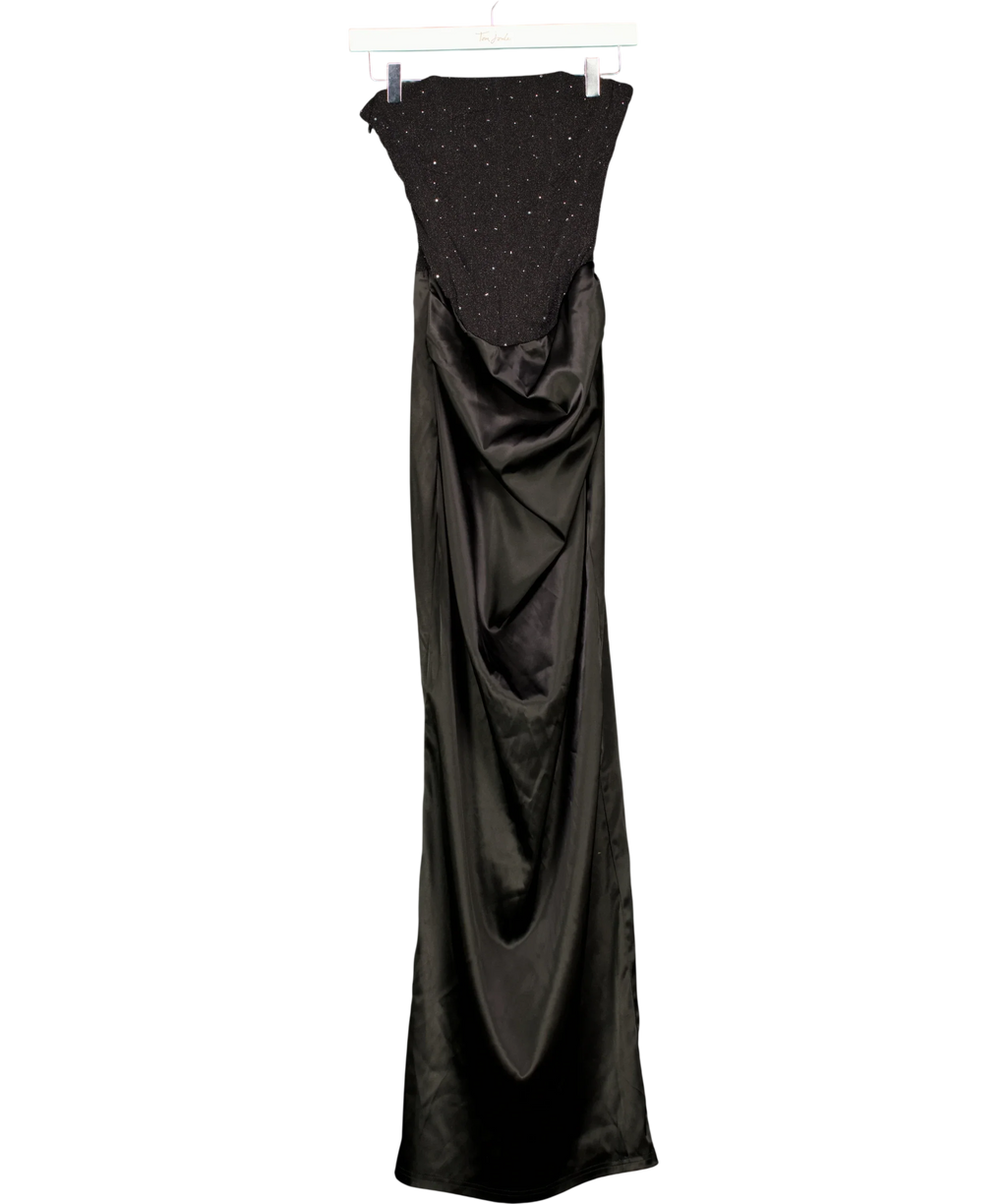 Outcast Black Two-Tone Rhinestone and Satin Maxi Dress, size UK S — front