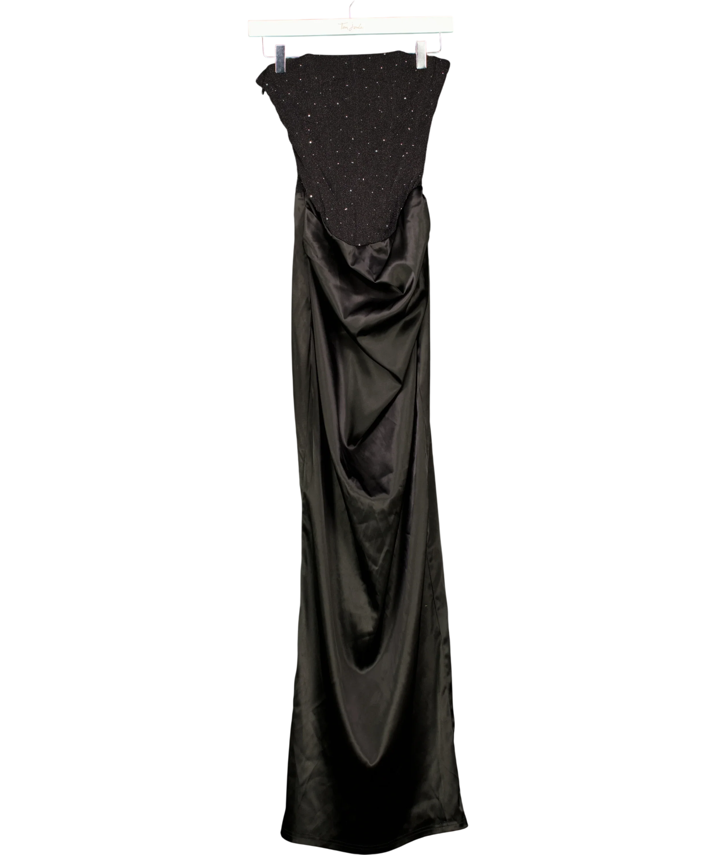 Outcast Black Two-Tone Rhinestone and Satin Maxi Dress, size UK S — front