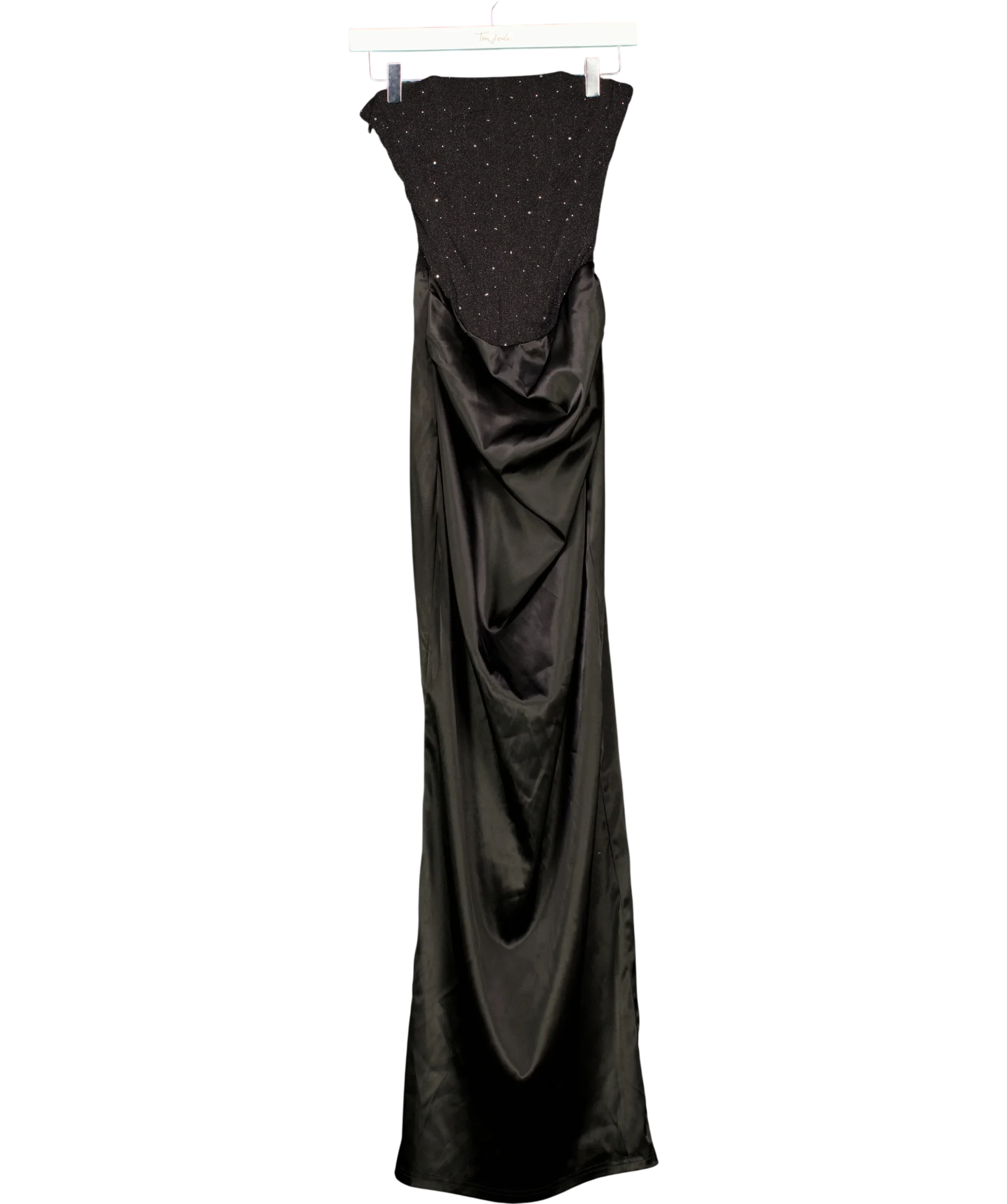 Outcast Black Two-Tone Rhinestone and Satin Maxi Dress, size UK S — front