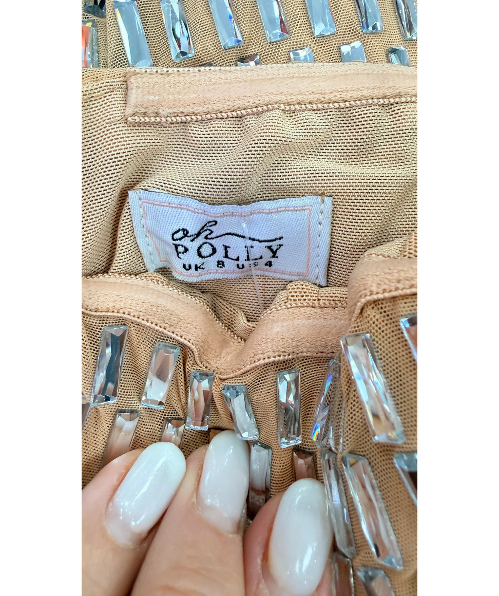 Oh Polly Beige Amaya Embellished Bandeau Maxi Dress Almond, size UK 8 — detail