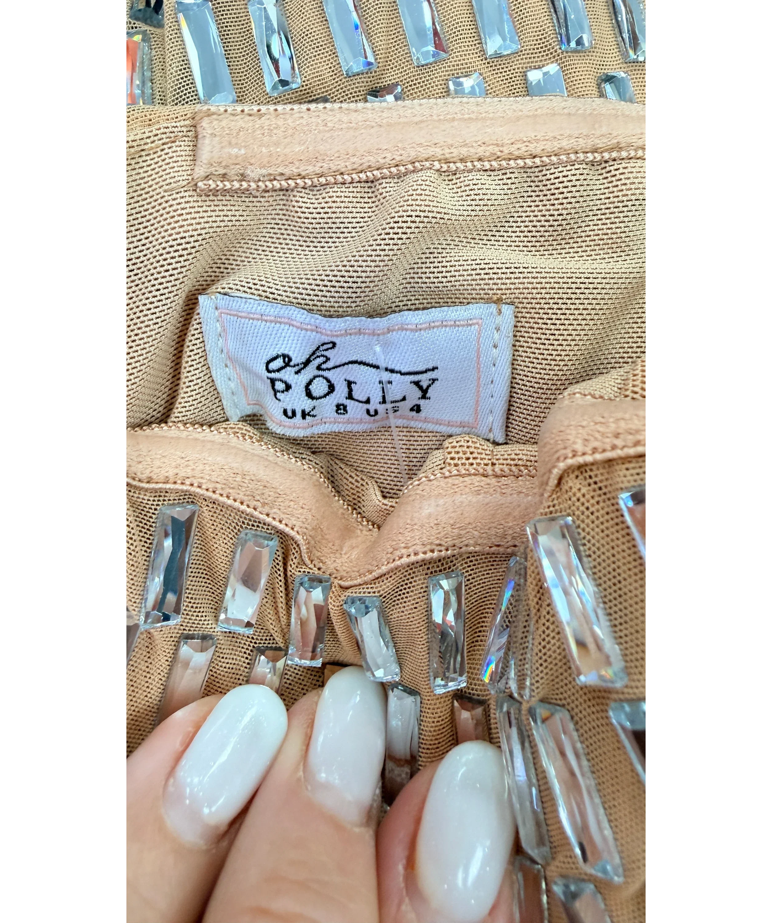 Oh Polly Beige Amaya Embellished Bandeau Maxi Dress Almond, size UK 8 — detail