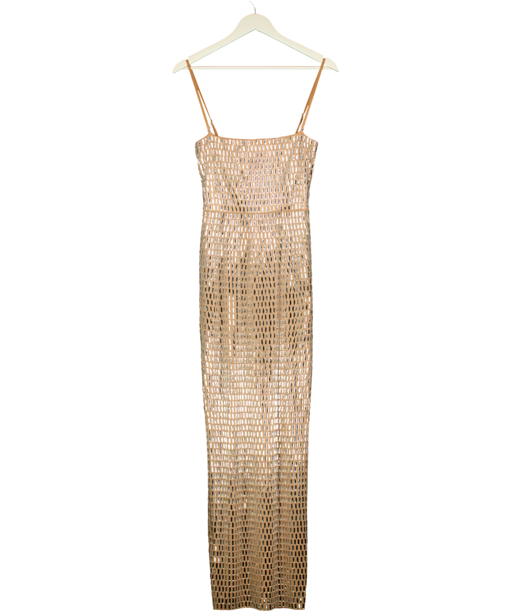 Oh Polly Beige Amaya Embellished Bandeau Maxi Dress Almond, size UK 8 — front