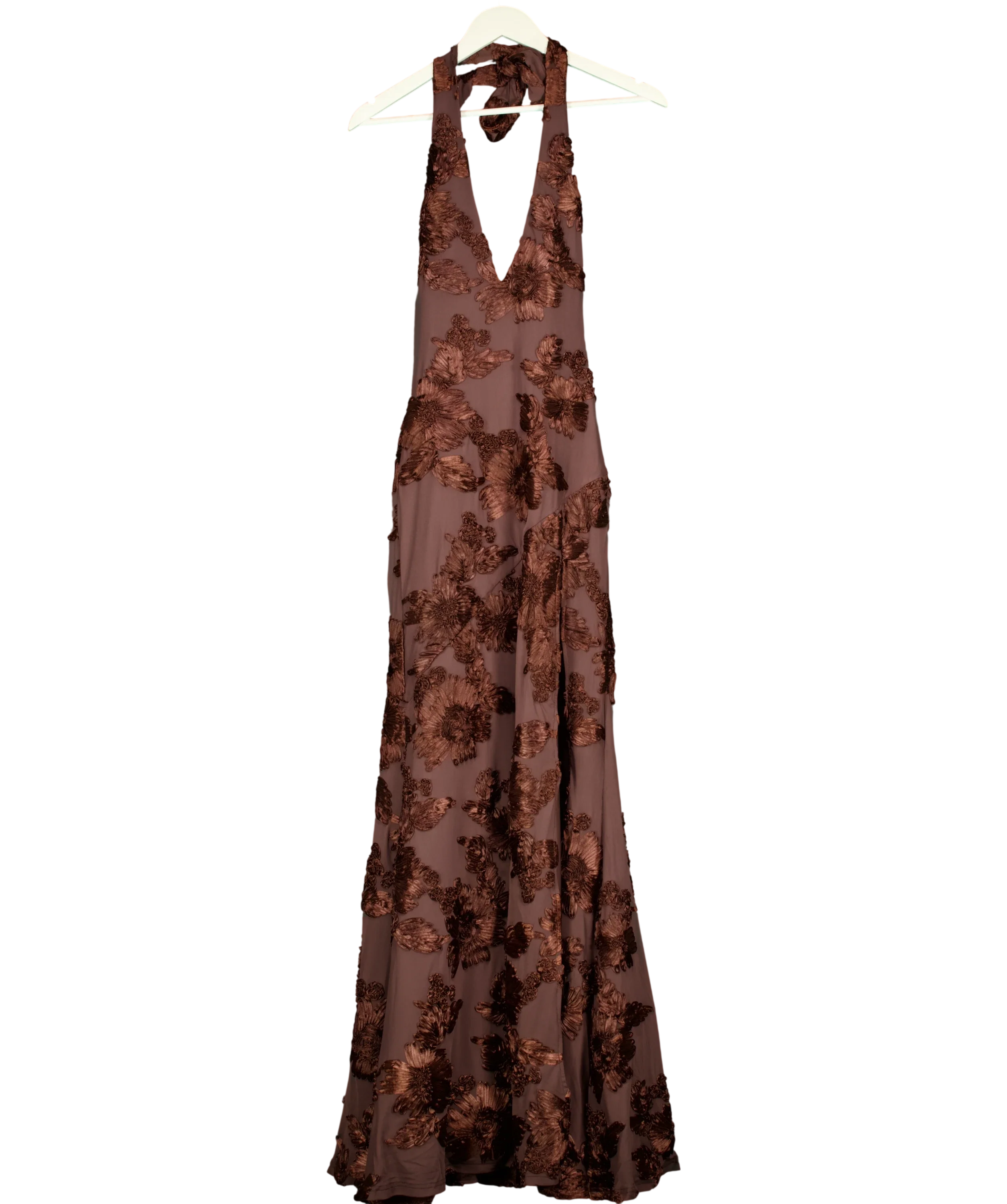 WHITE FOX Brown Always Yours Halter Neck Maxi Dress Chocolate  brown, size UK S — front