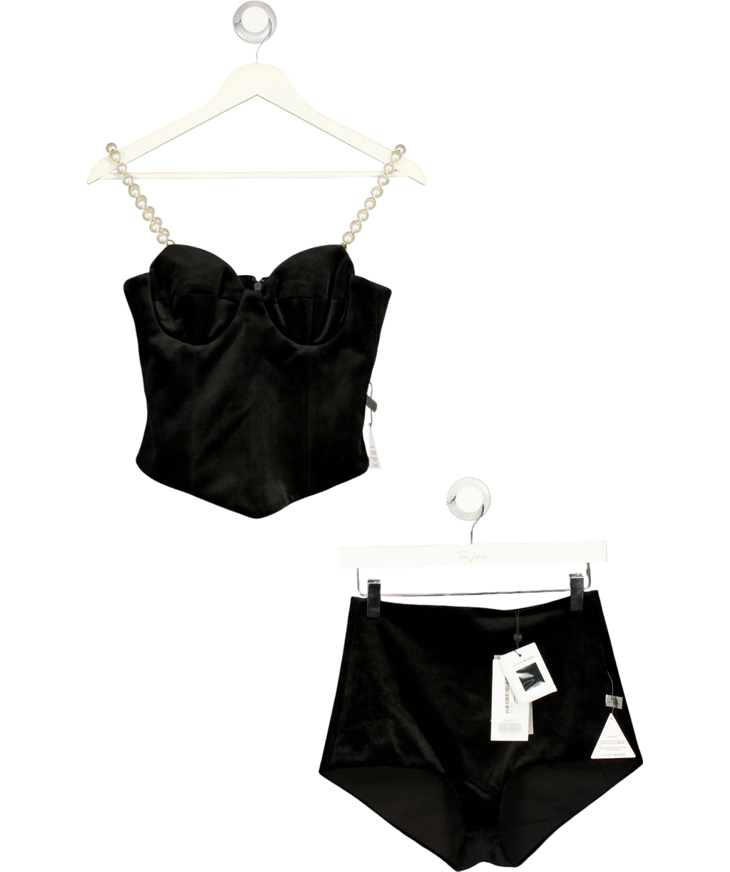 Nadine Merabi Black faux pearl embellished Inga Corset Top and Vivi Hotpants 2-Piece Set Black, size UK S — front