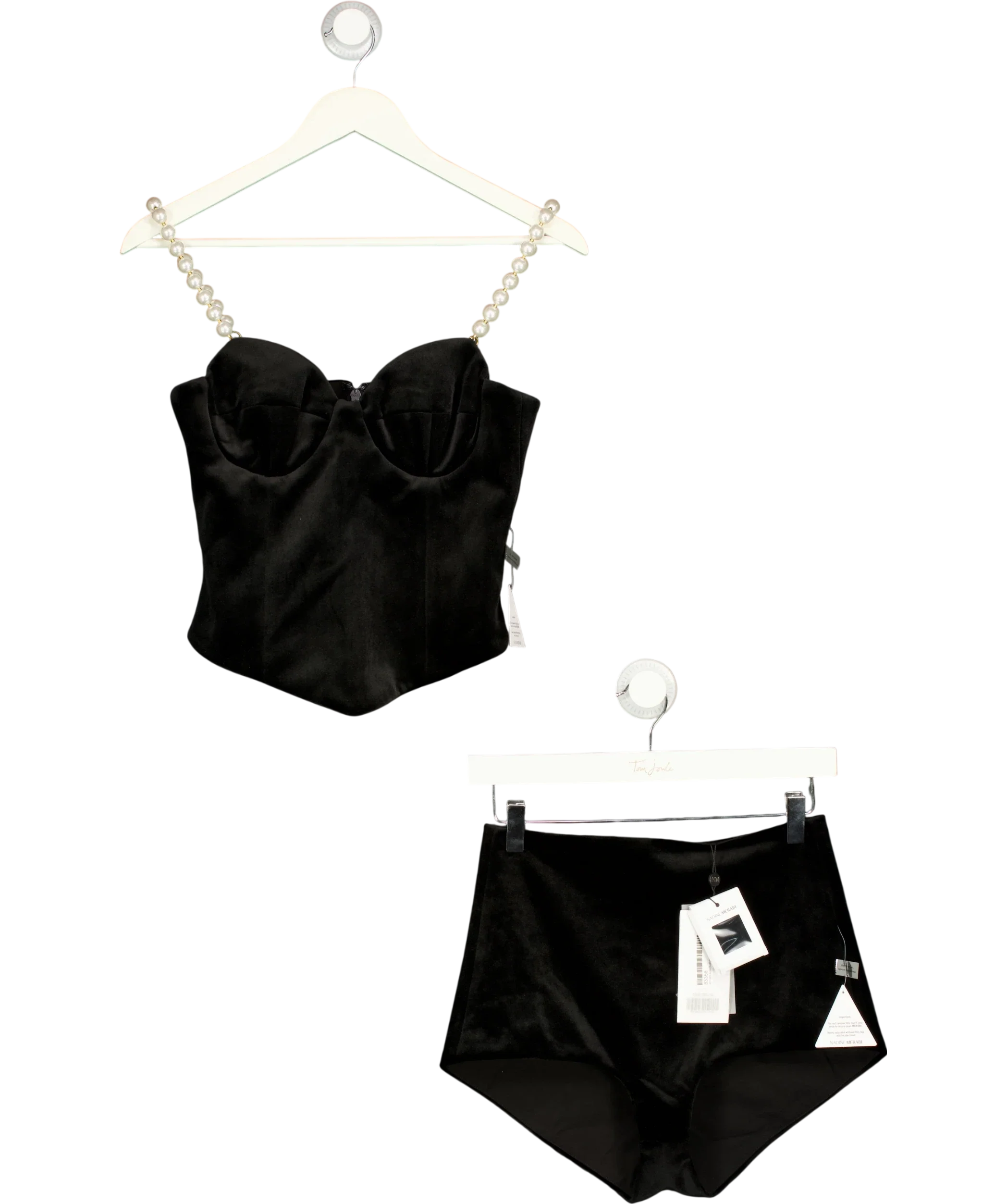 Nadine Merabi Black faux pearl embellished Inga Corset Top and Vivi Hotpants 2-Piece Set Black, size UK S — front