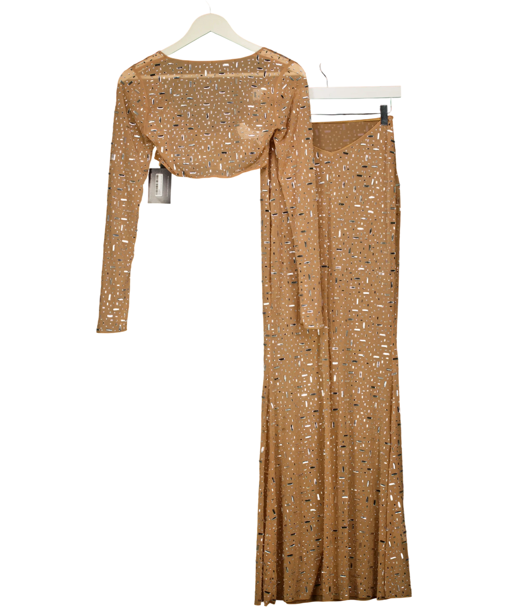 Oh Polly Beige Giulia Crop Top and Thalassa Maxi Skirt Co-Ord Set Almond, size UK S — front