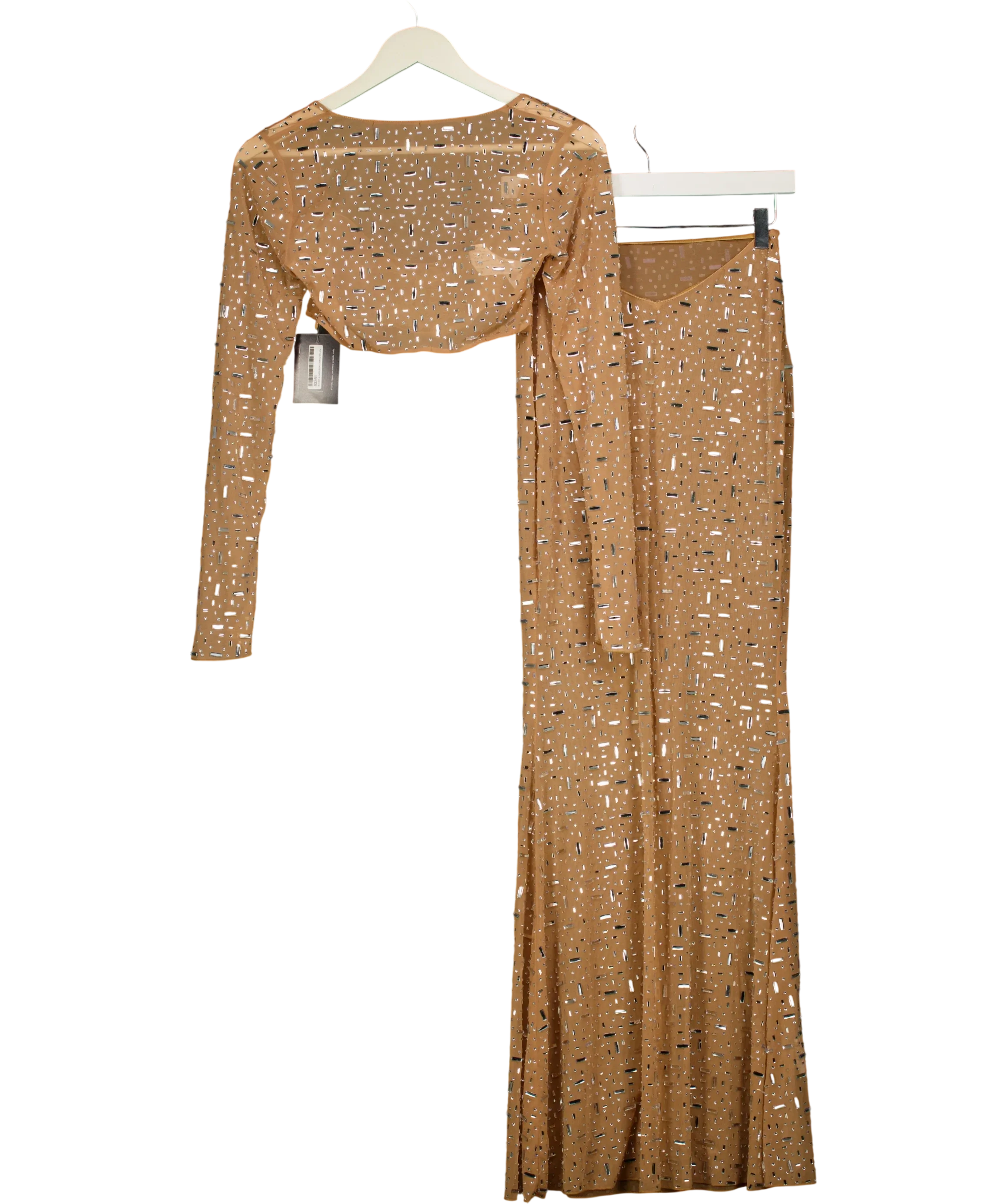 Oh Polly Beige Giulia Crop Top and Thalassa Maxi Skirt Co-Ord Set Almond, size UK S — front
