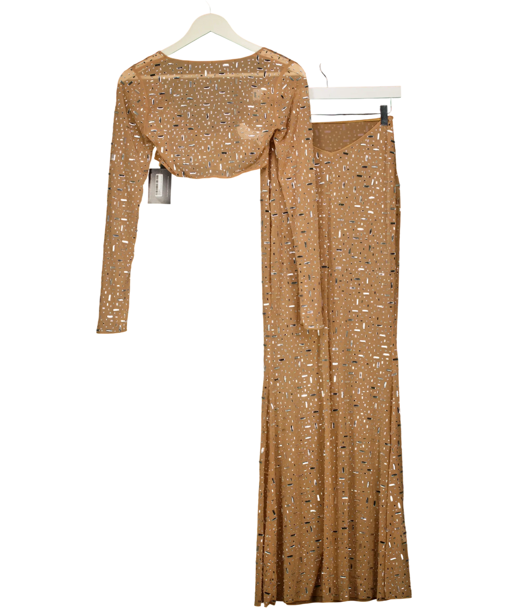 Oh Polly Beige Giulia Crop Top and Thalassa Maxi Skirt Co-Ord Set Almond, size UK S — front